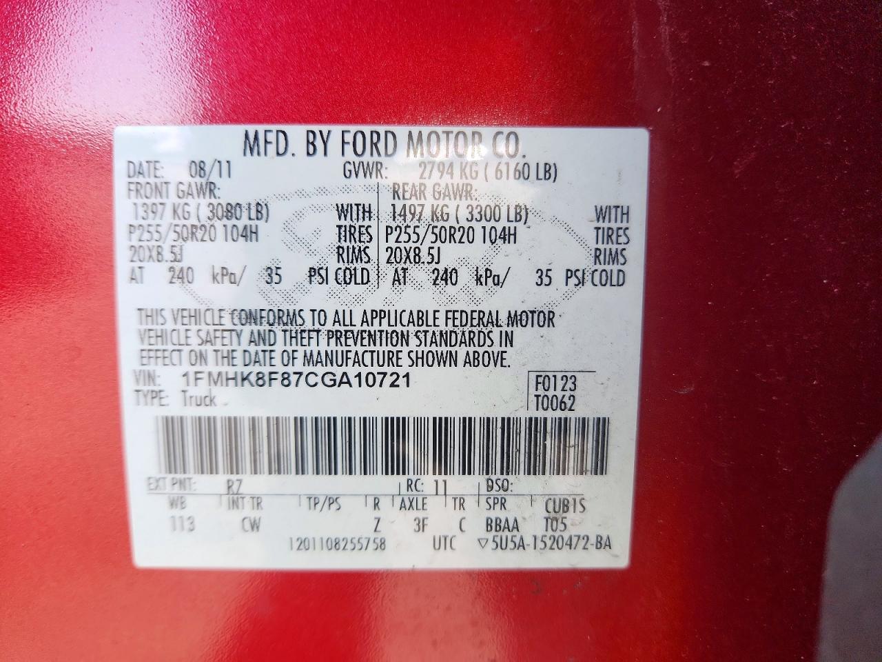 2012 Ford Explorer Limited Red vin: 1FMHK8F87CGA10721