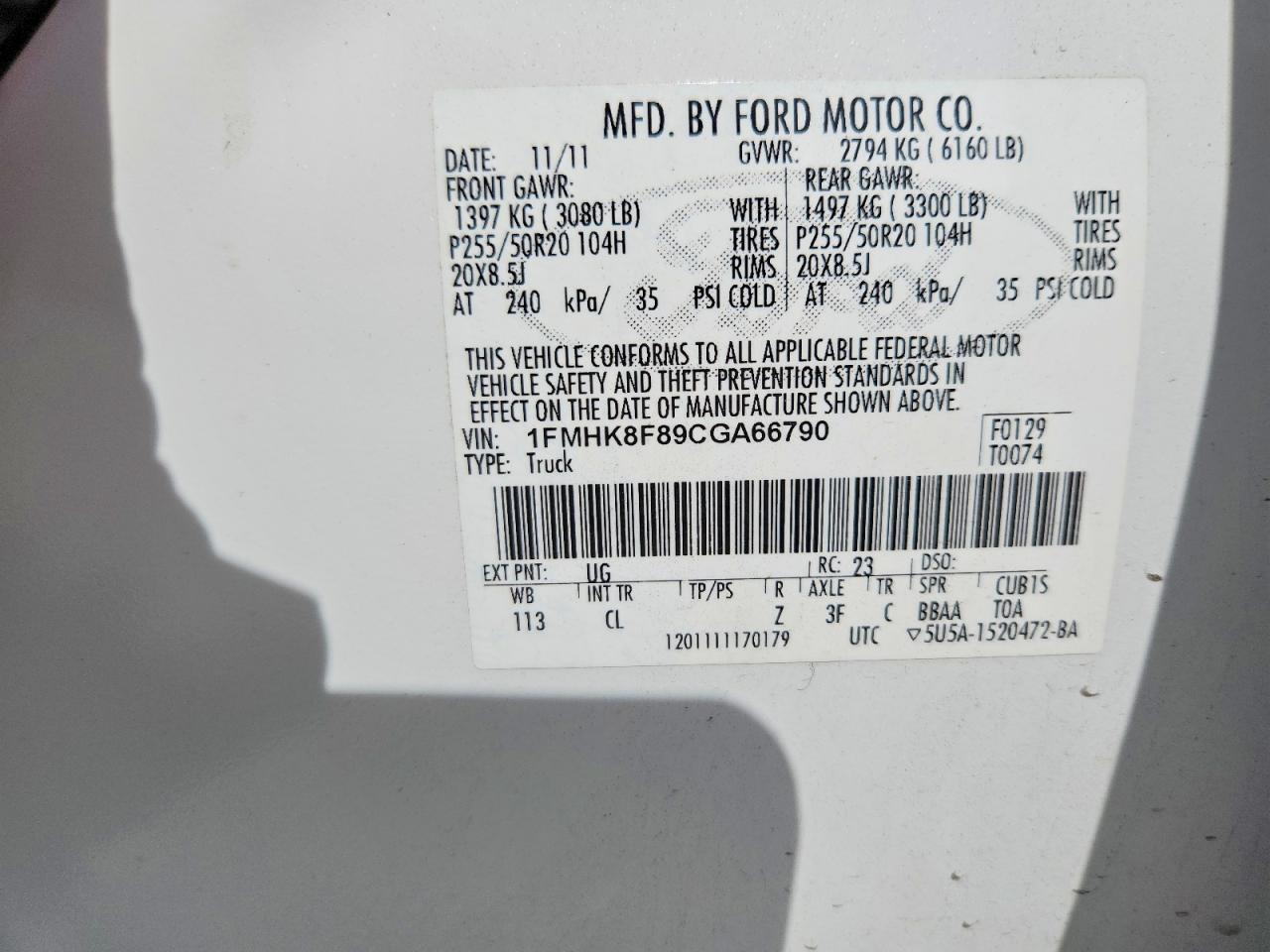 2012 Ford Explorer Limited White vin: 1FMHK8F89CGA66790