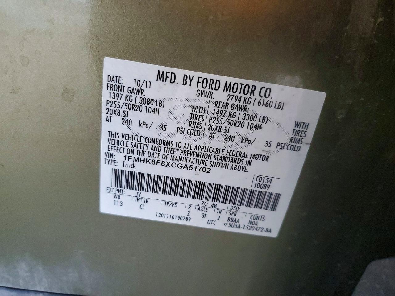 2012 Ford Explorer Limited Green vin: 1FMHK8F8XCGA51702