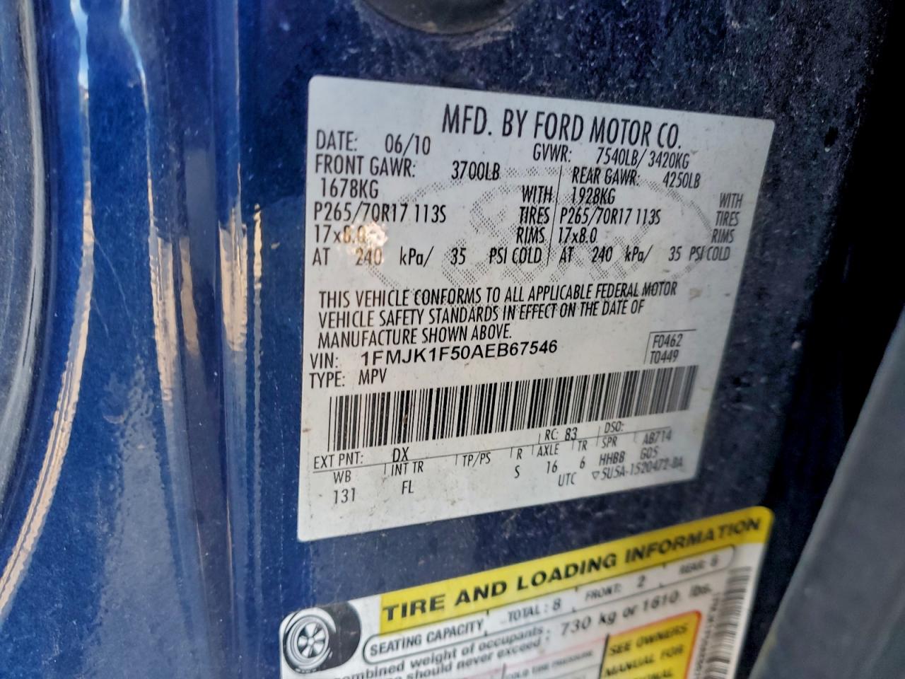2010 Ford Expedition El Xlt Blue vin: 1FMJK1F50AEB67546