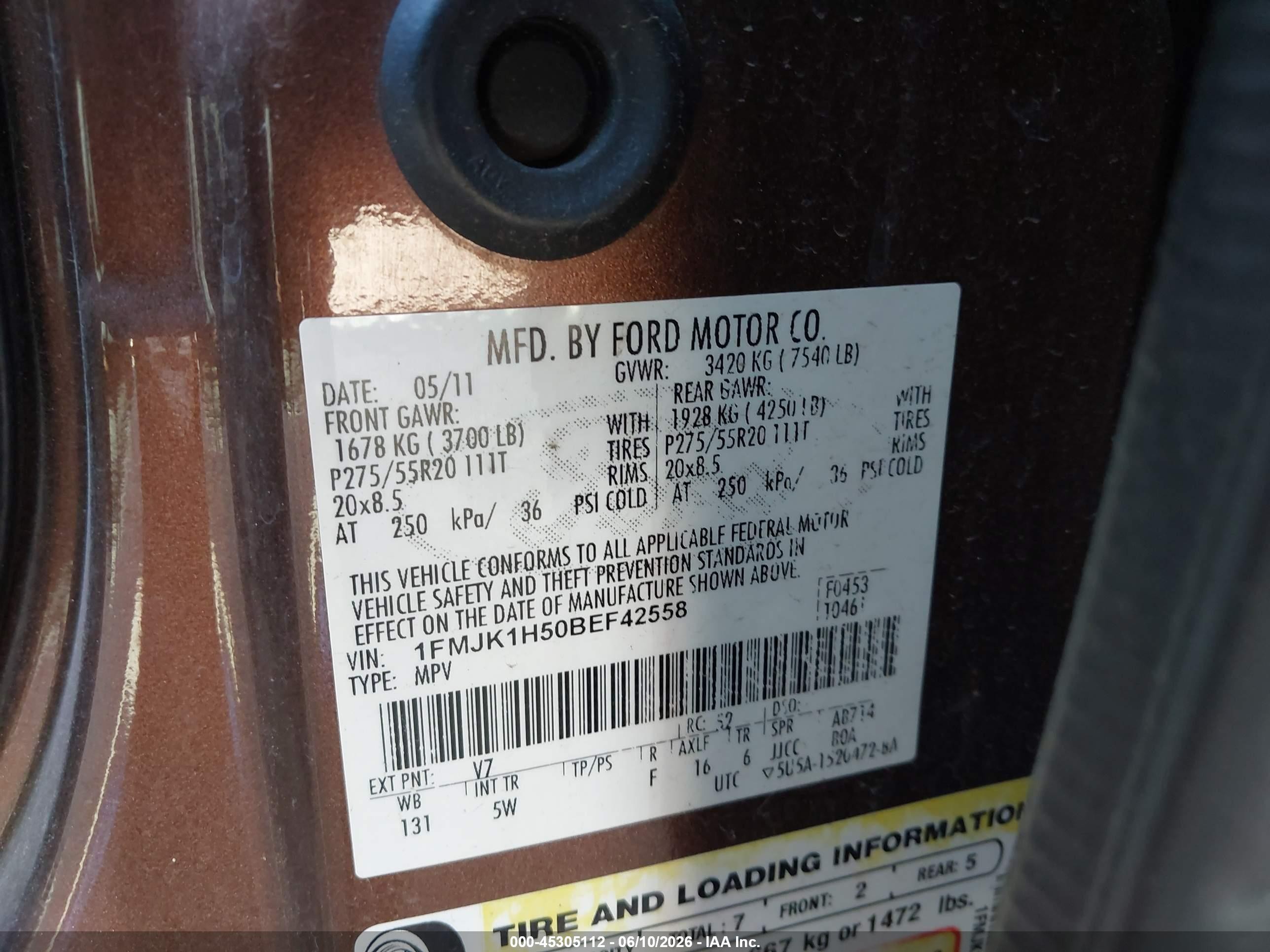 2011 Ford Expedition El King Ranch Brown vin: 1FMJK1H50BEF42558