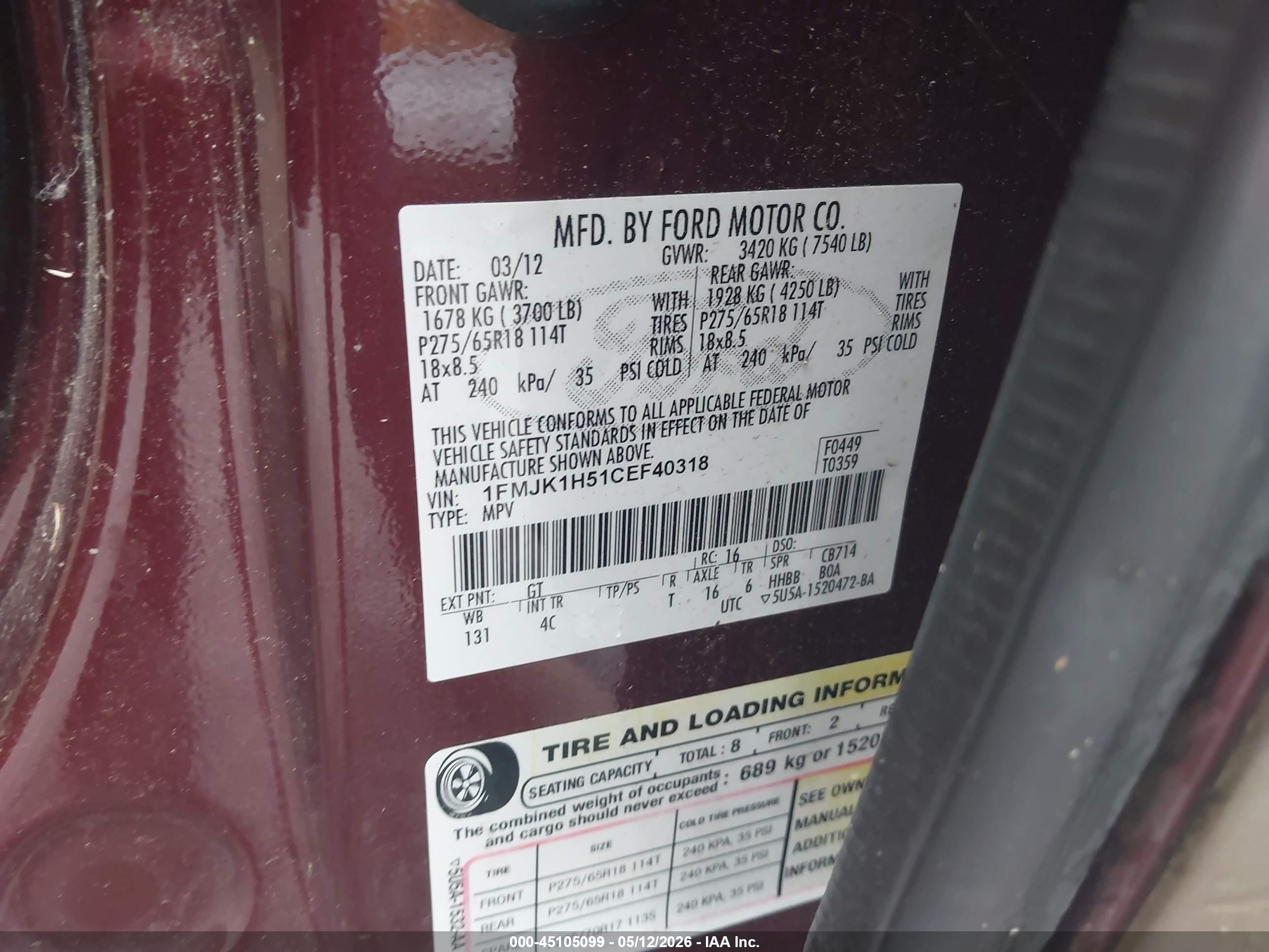 2012 Ford Expedition El Xlt Maroon vin: 1FMJK1H51CEF40318
