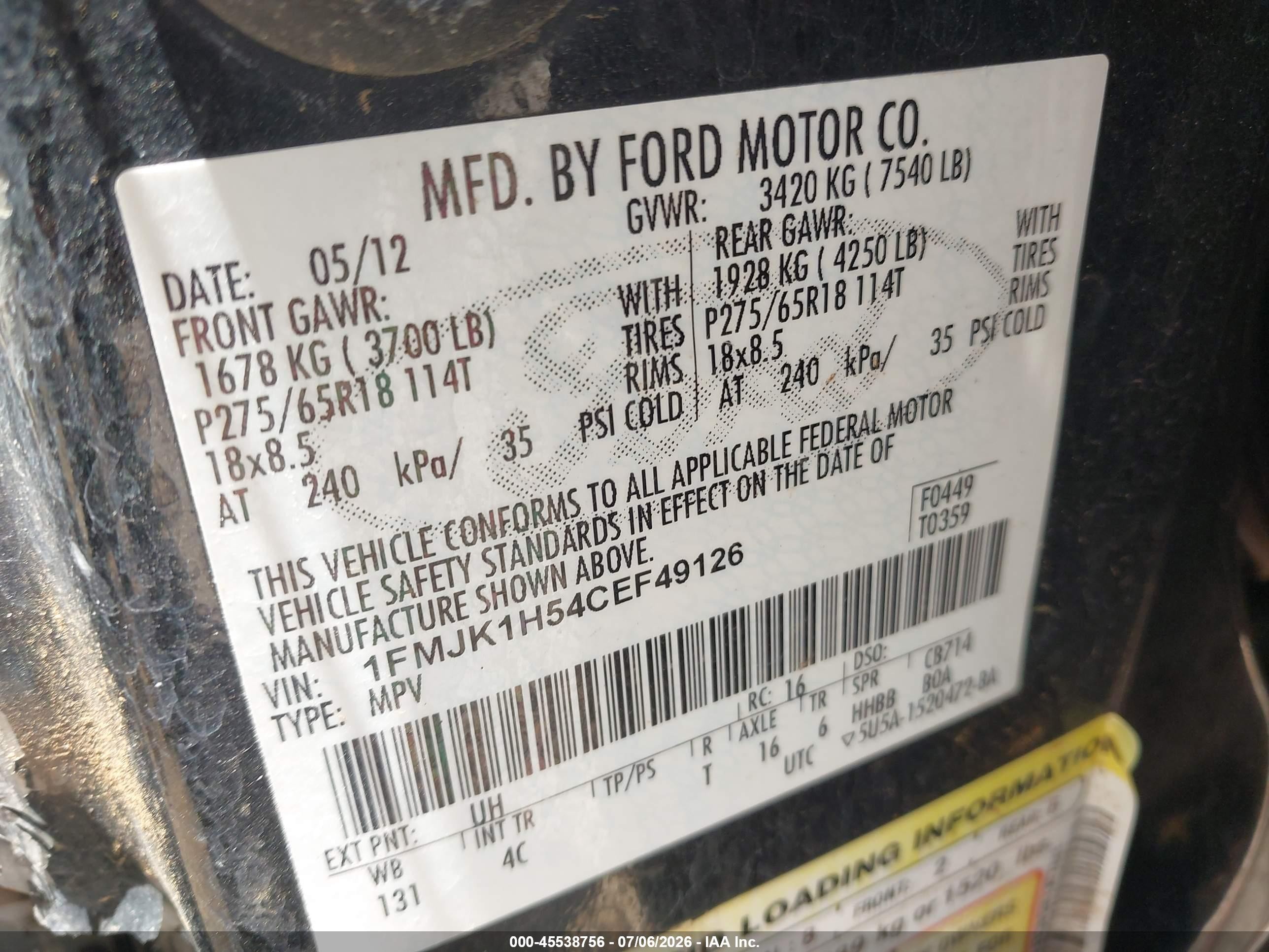 2012 Ford Expedition El King Ranch/xlt Black vin: 1FMJK1H54CEF49126