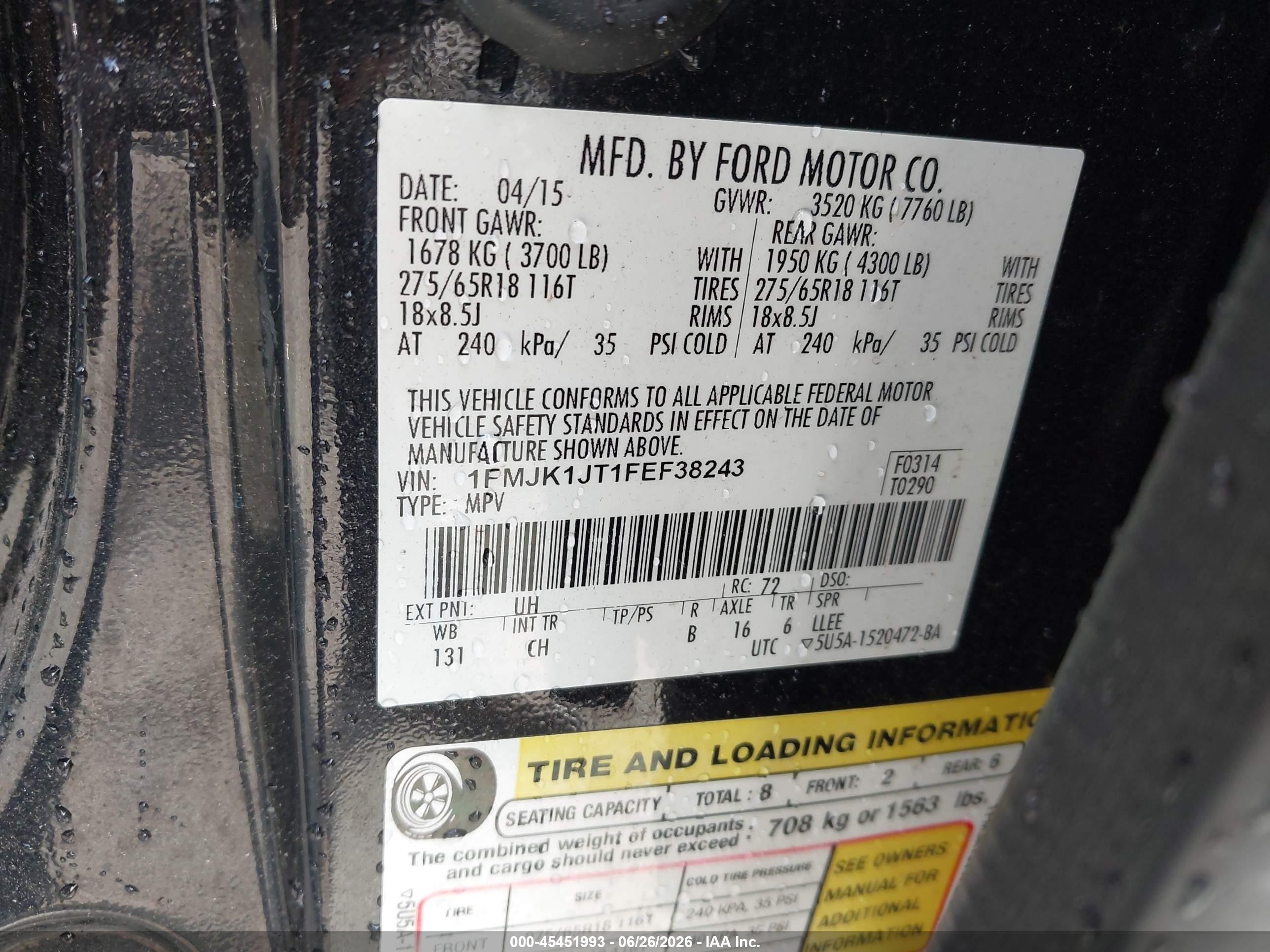 2015 Ford Expedition El Xlt Black vin: 1FMJK1JT1FEF38243