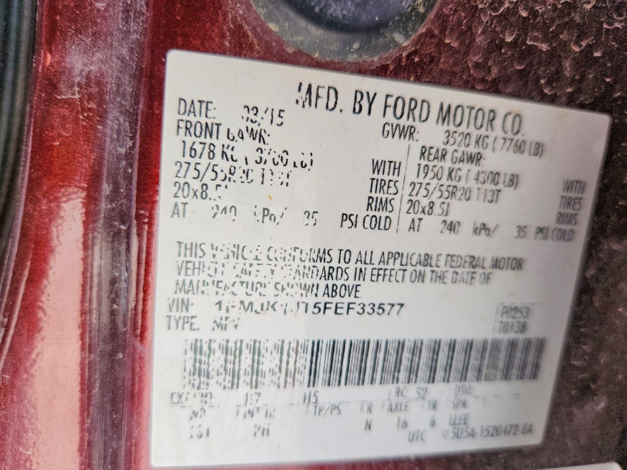 2015 Ford Expedition El Xlt Maroon vin: 1FMJK1JT5FEF33577