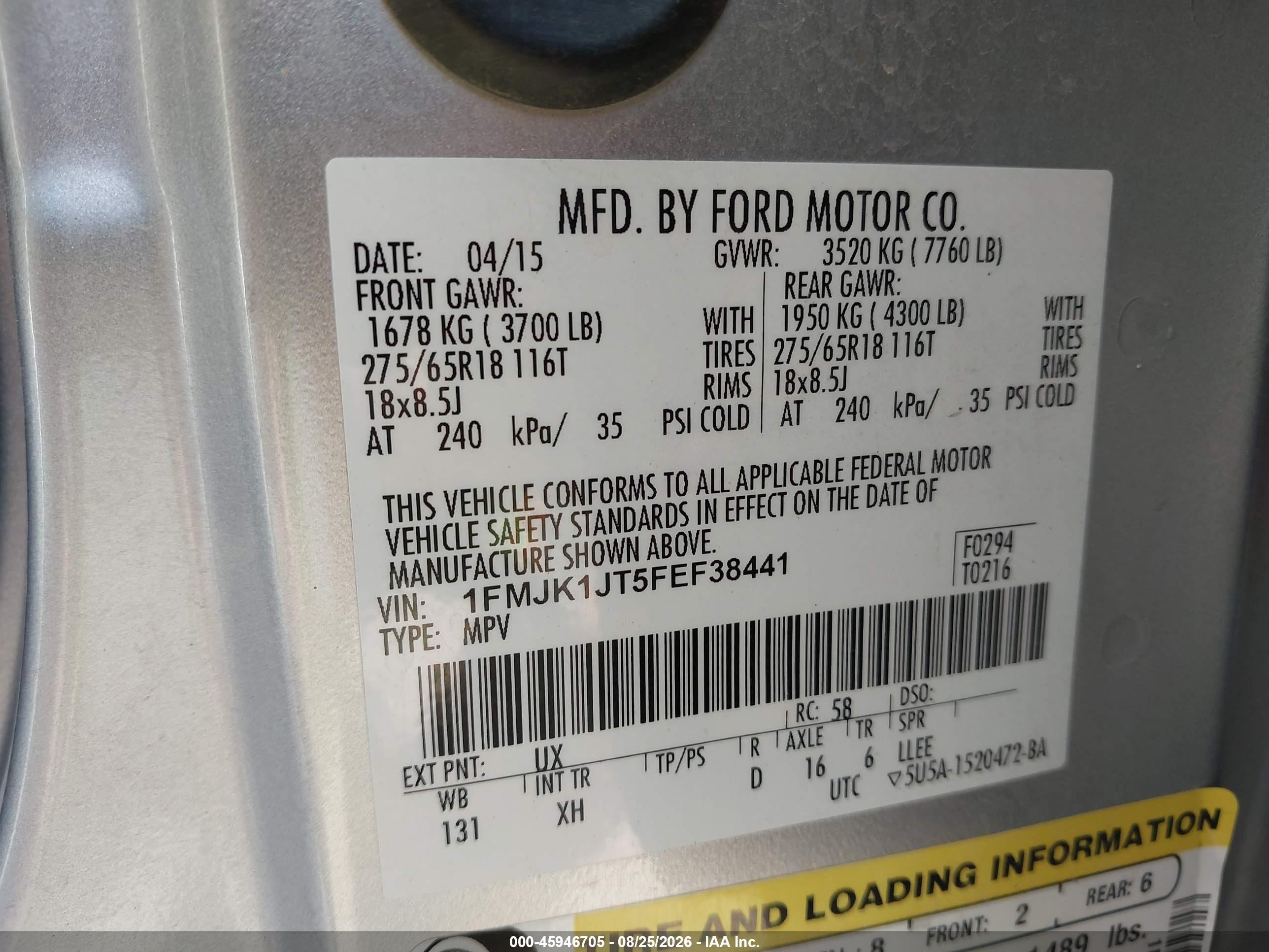 2015 Ford Expedition El Xlt Silver vin: 1FMJK1JT5FEF38441