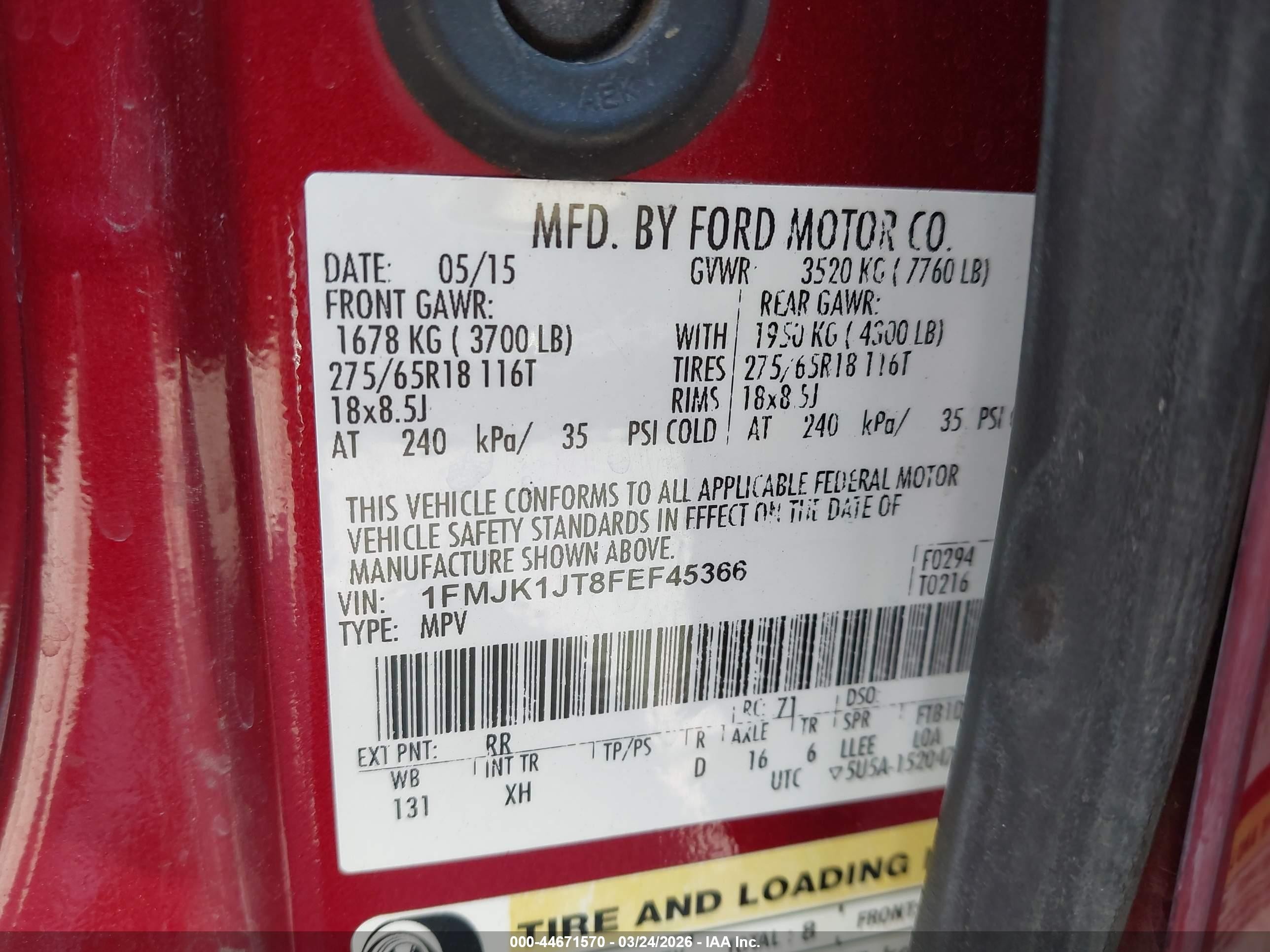 2015 Ford Expedition El Xlt Red vin: 1FMJK1JT8FEF45366