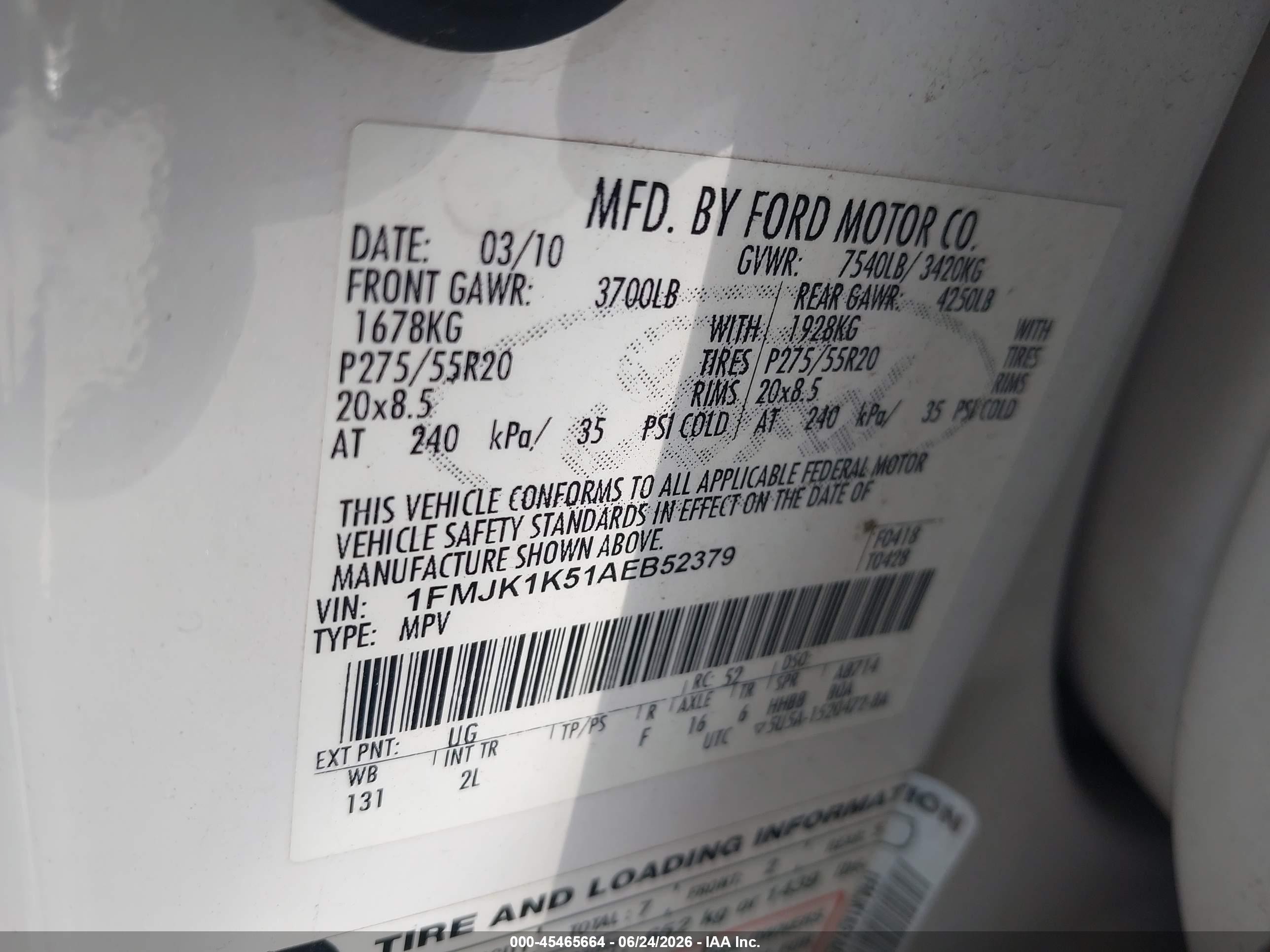 2010 Ford Expedition El Limited Белый vin: 1FMJK1K51AEB52379