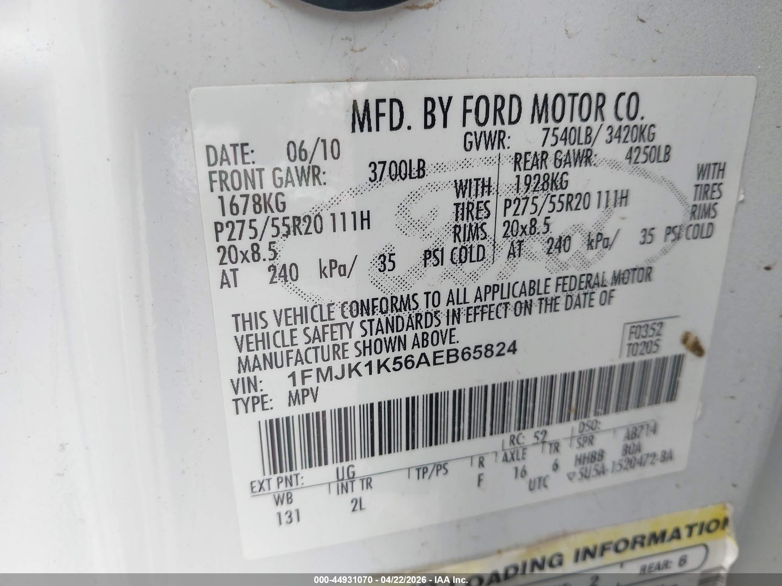 2010 Ford Expedition El Limited White vin: 1FMJK1K56AEB65824