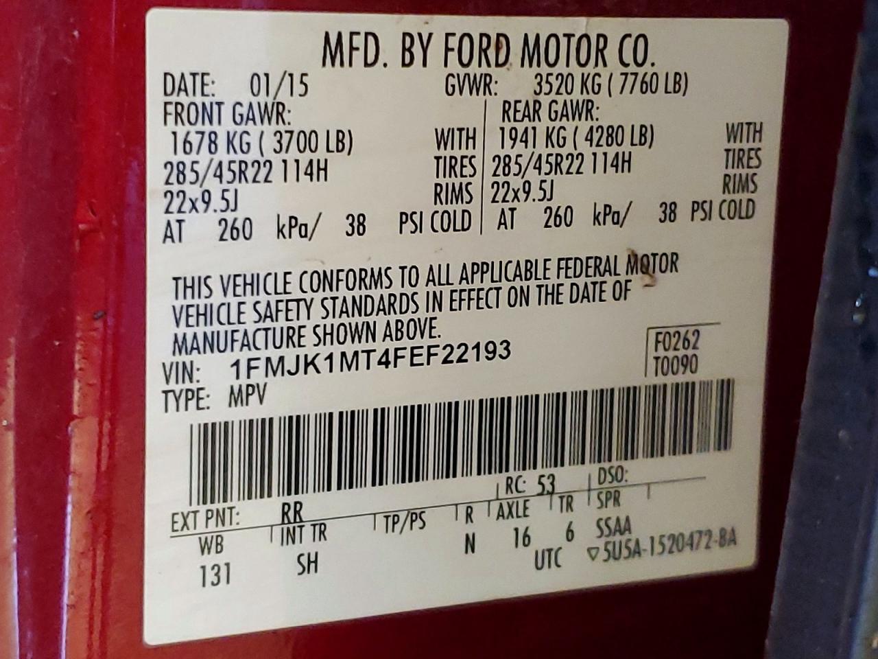 2015 Ford Expedition El Platinum Red vin: 1FMJK1MT4FEF22193