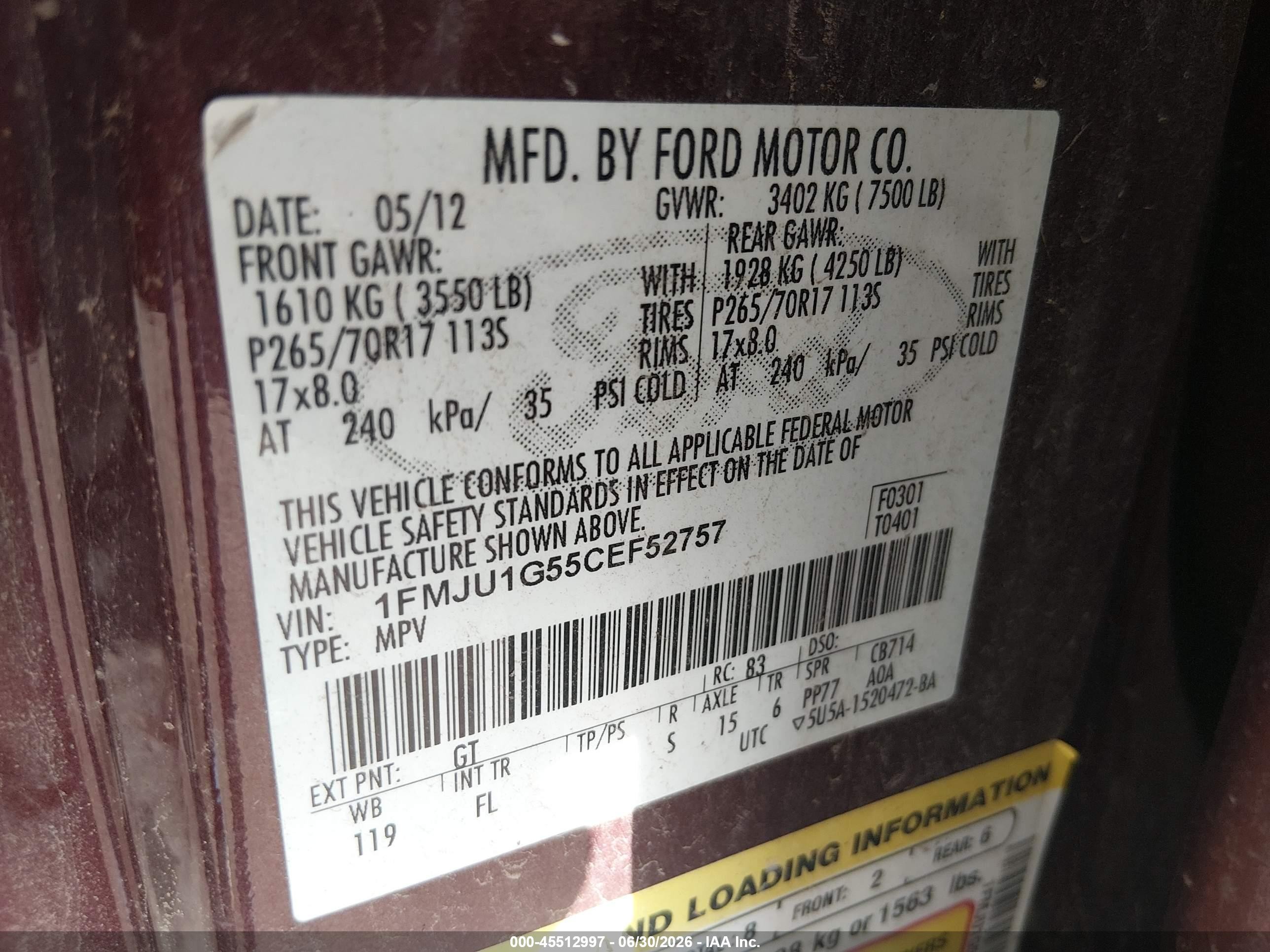 2012 Ford Expedition Xl Maroon vin: 1FMJU1G55CEF52757