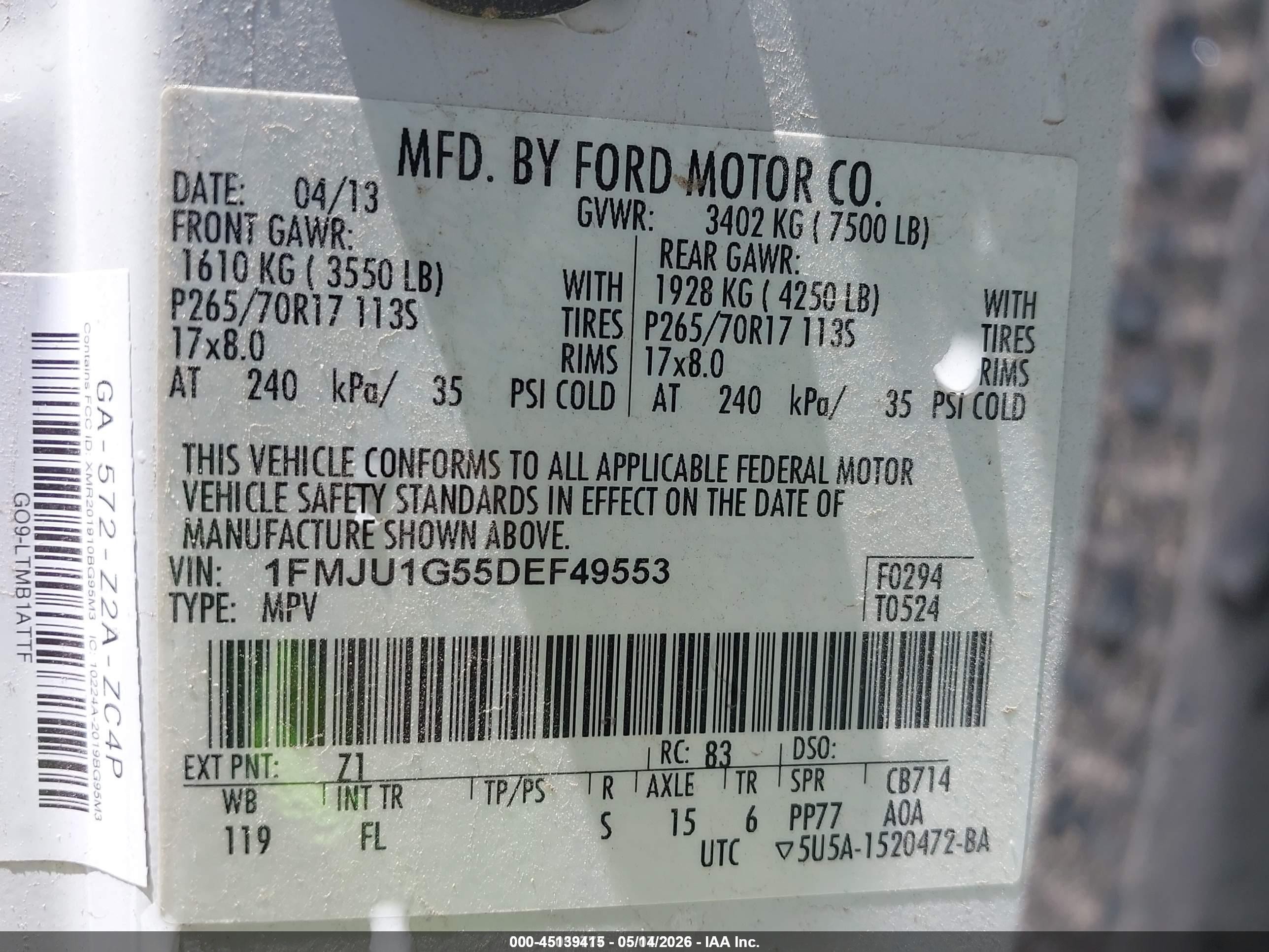 2013 Ford Expedition Xl White vin: 1FMJU1G55DEF49553