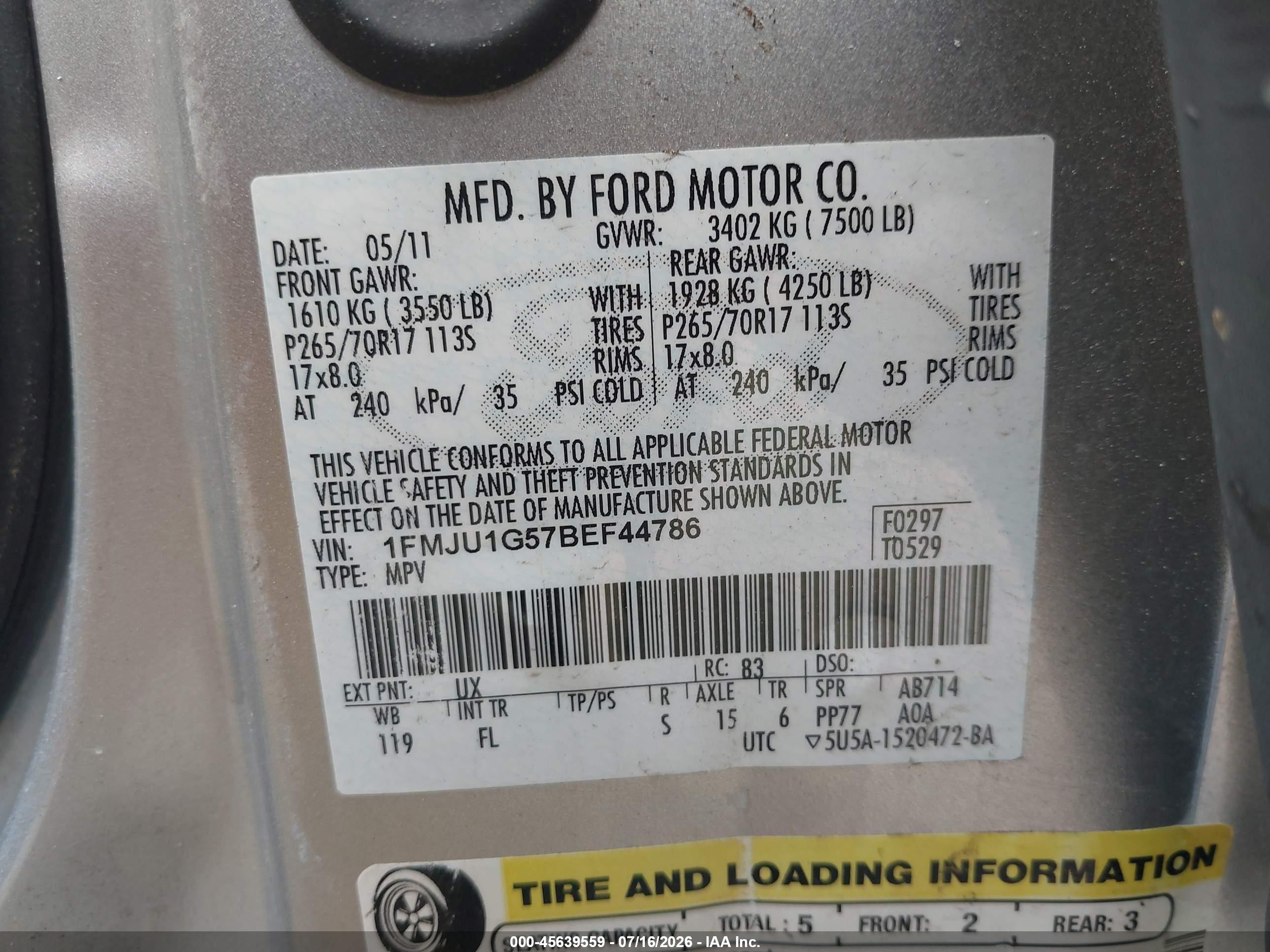 2011 Ford Expedition Xl Silver vin: 1FMJU1G57BEF44786
