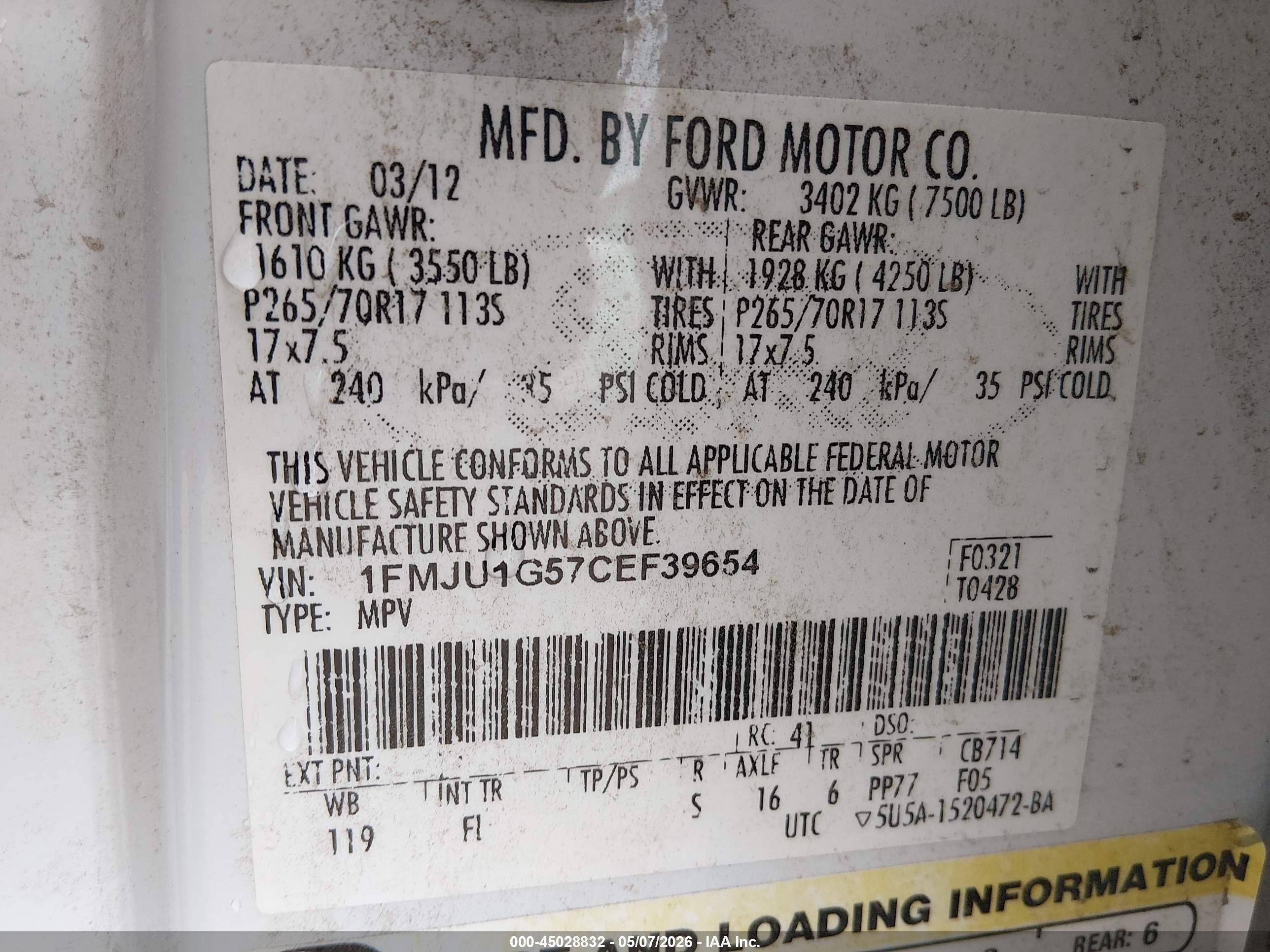 2012 Ford Expedition Xl White vin: 1FMJU1G57CEF39654
