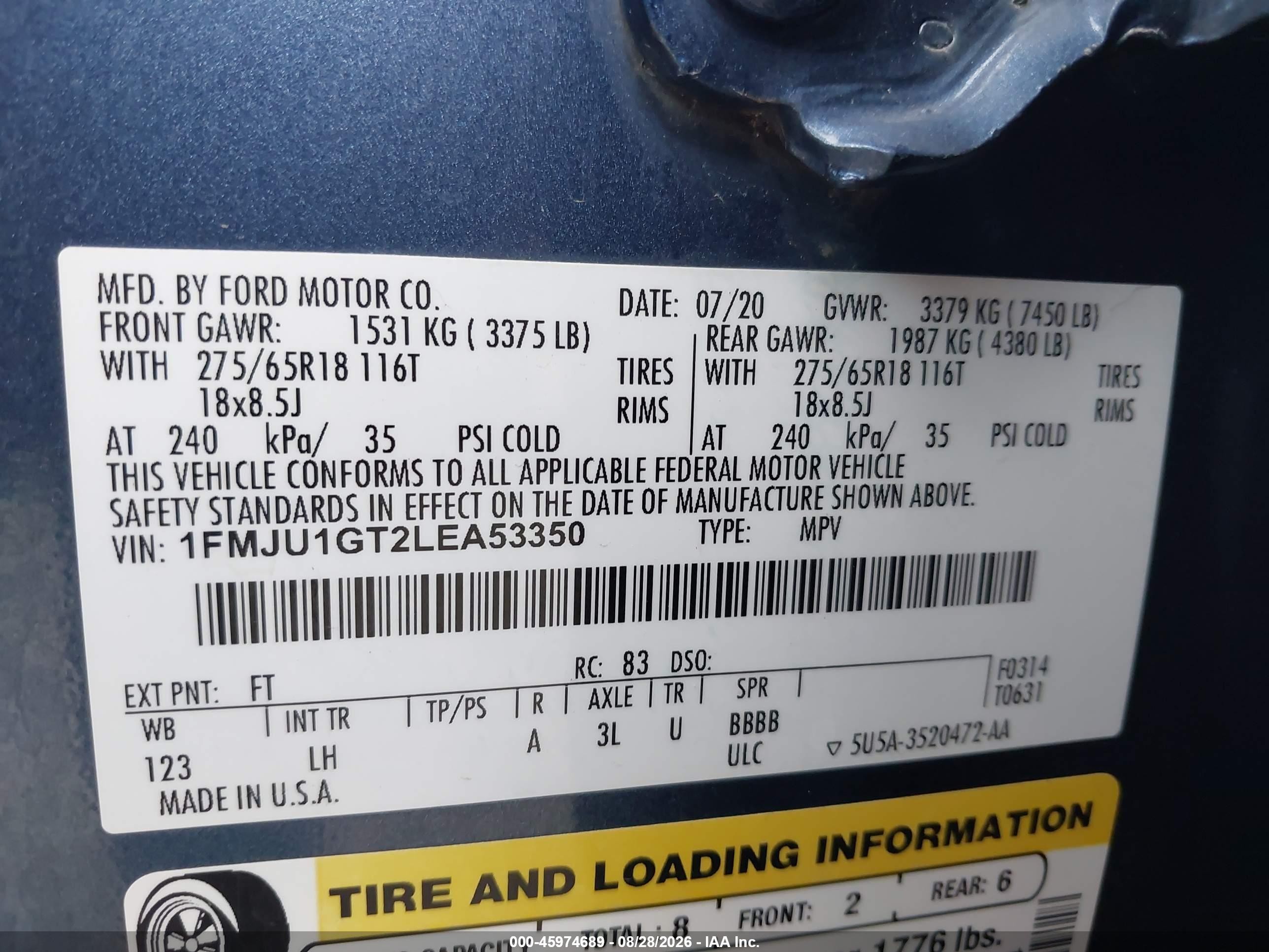 2020 Ford Expedition Xl Blue vin: 1FMJU1GT2LEA53350