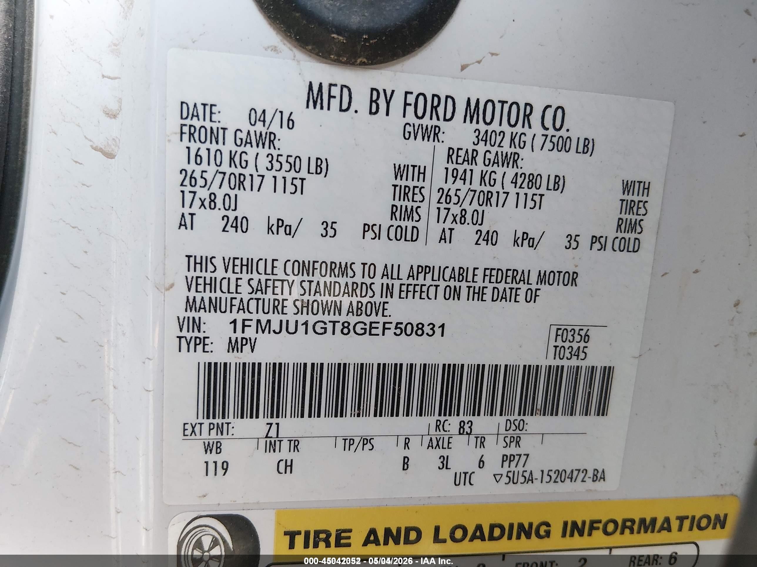 2016 Ford Expedition Xl Белый vin: 1FMJU1GT8GEF50831