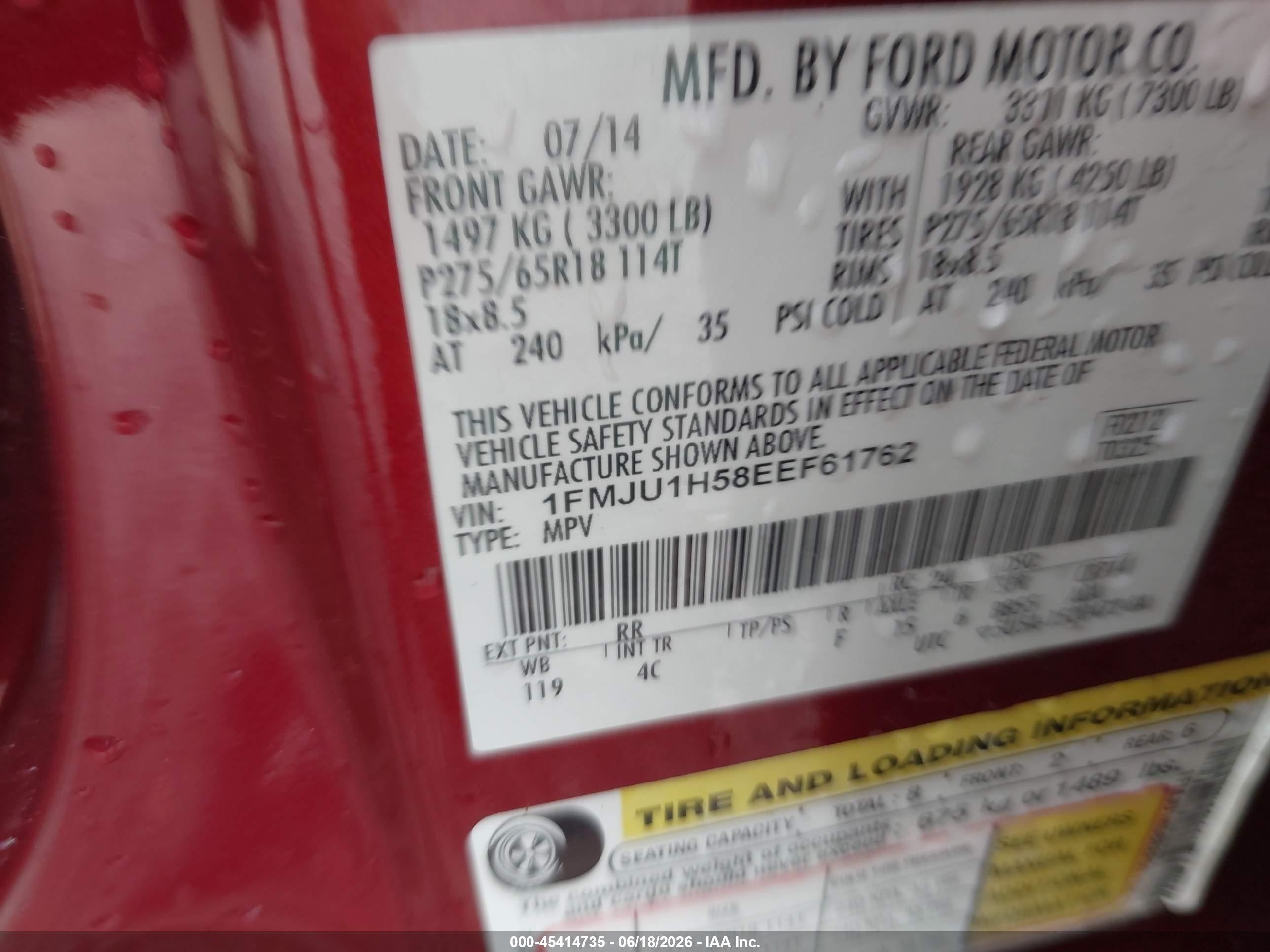 2014 Ford Expedition King Ranch/xlt Red vin: 1FMJU1H58EEF61762