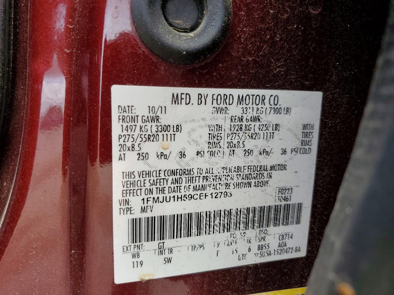 2012 Ford Expedition Xlt Burgundy vin: 1FMJU1H59CEF12793