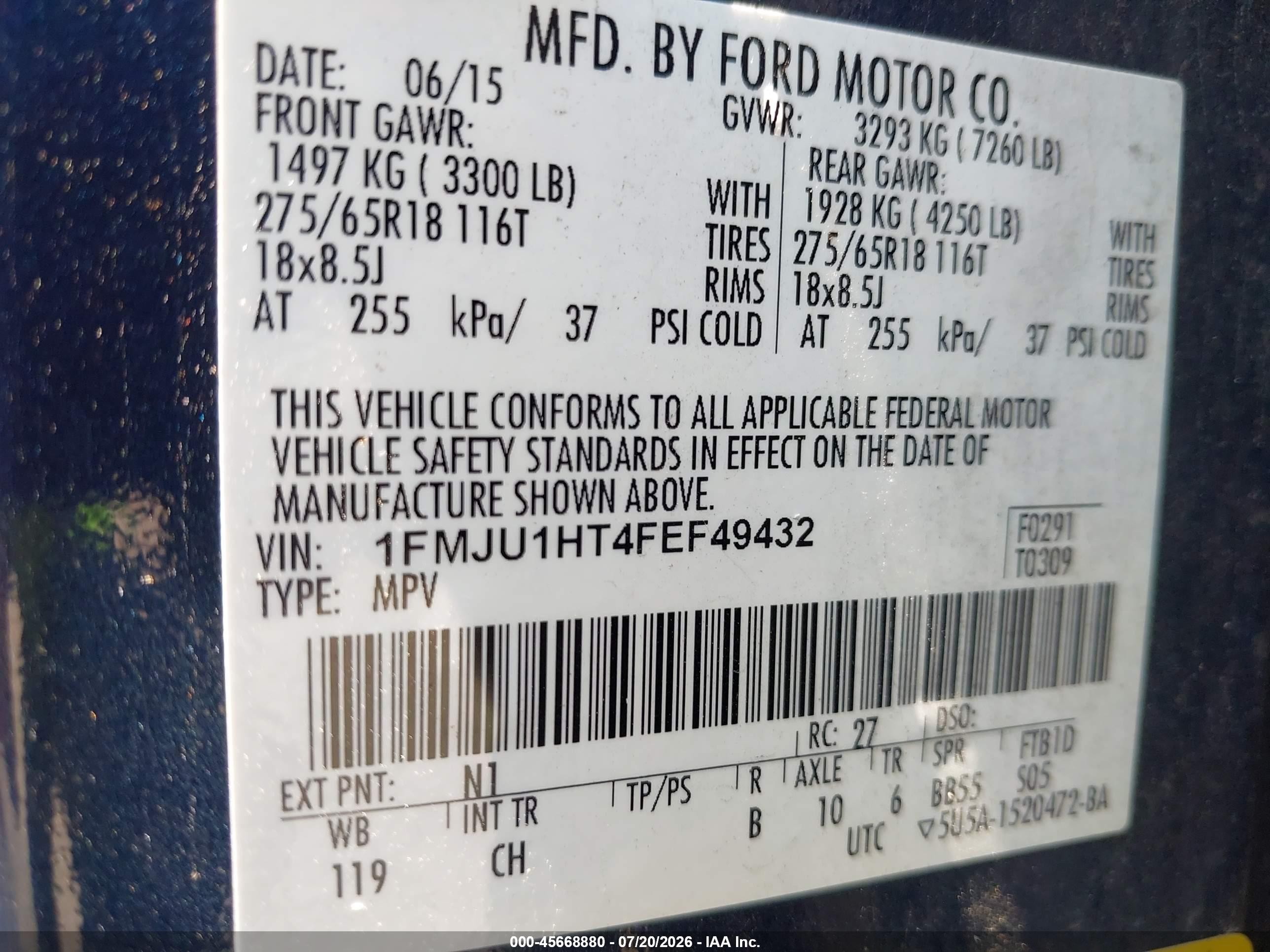 2015 Ford Expedition Xlt Blue vin: 1FMJU1HT4FEF49432