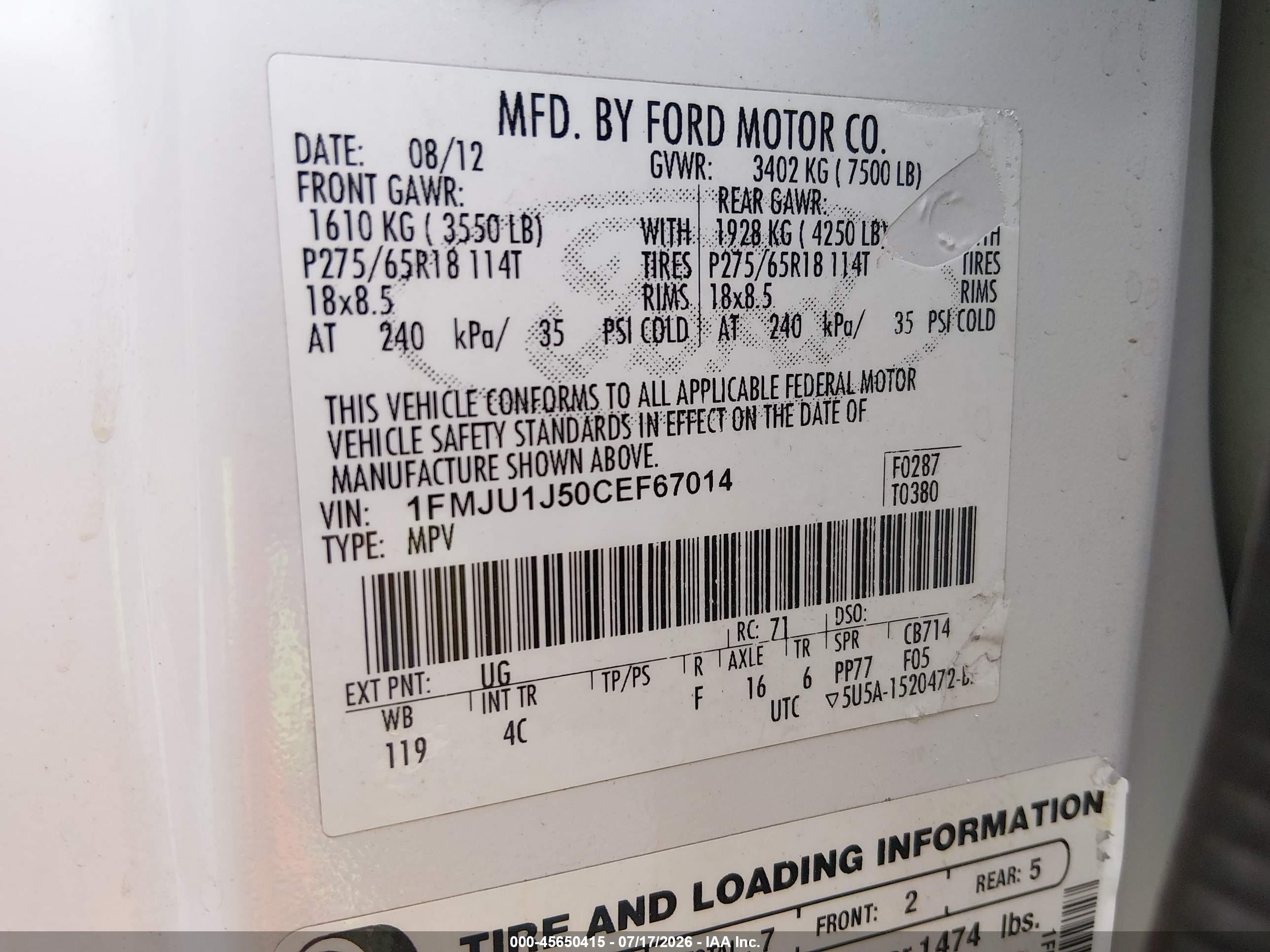 2012 Ford Expedition Xlt White vin: 1FMJU1J50CEF67014