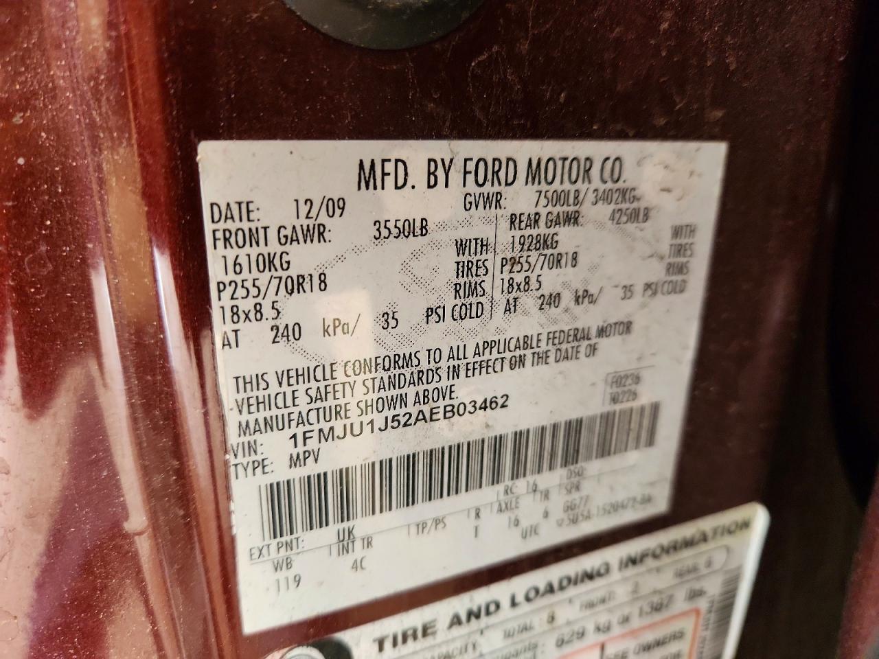 2010 Ford Expedition Eddie Bauer Burgundy vin: 1FMJU1J52AEB03462