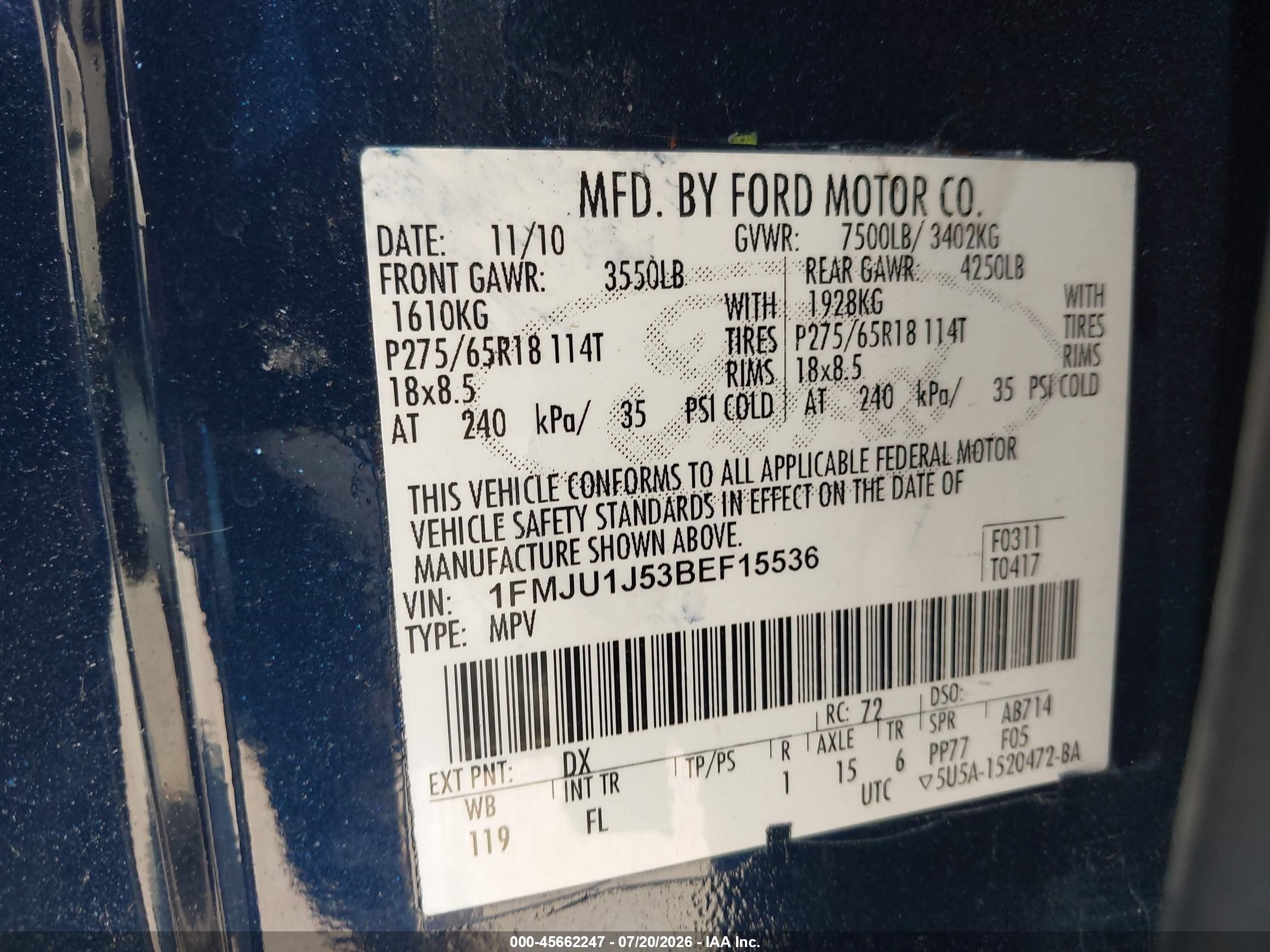 2011 Ford Expedition Xlt Blue vin: 1FMJU1J53BEF15536