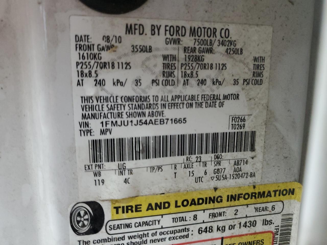 2010 Ford Expedition Eddie Bauer White vin: 1FMJU1J54AEB71665