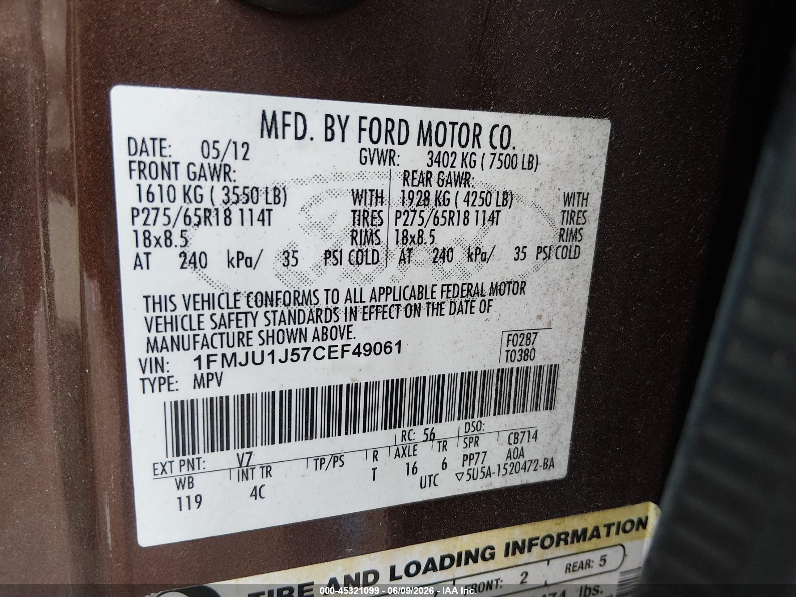 2012 Ford Expedition Xlt Brown vin: 1FMJU1J57CEF49061