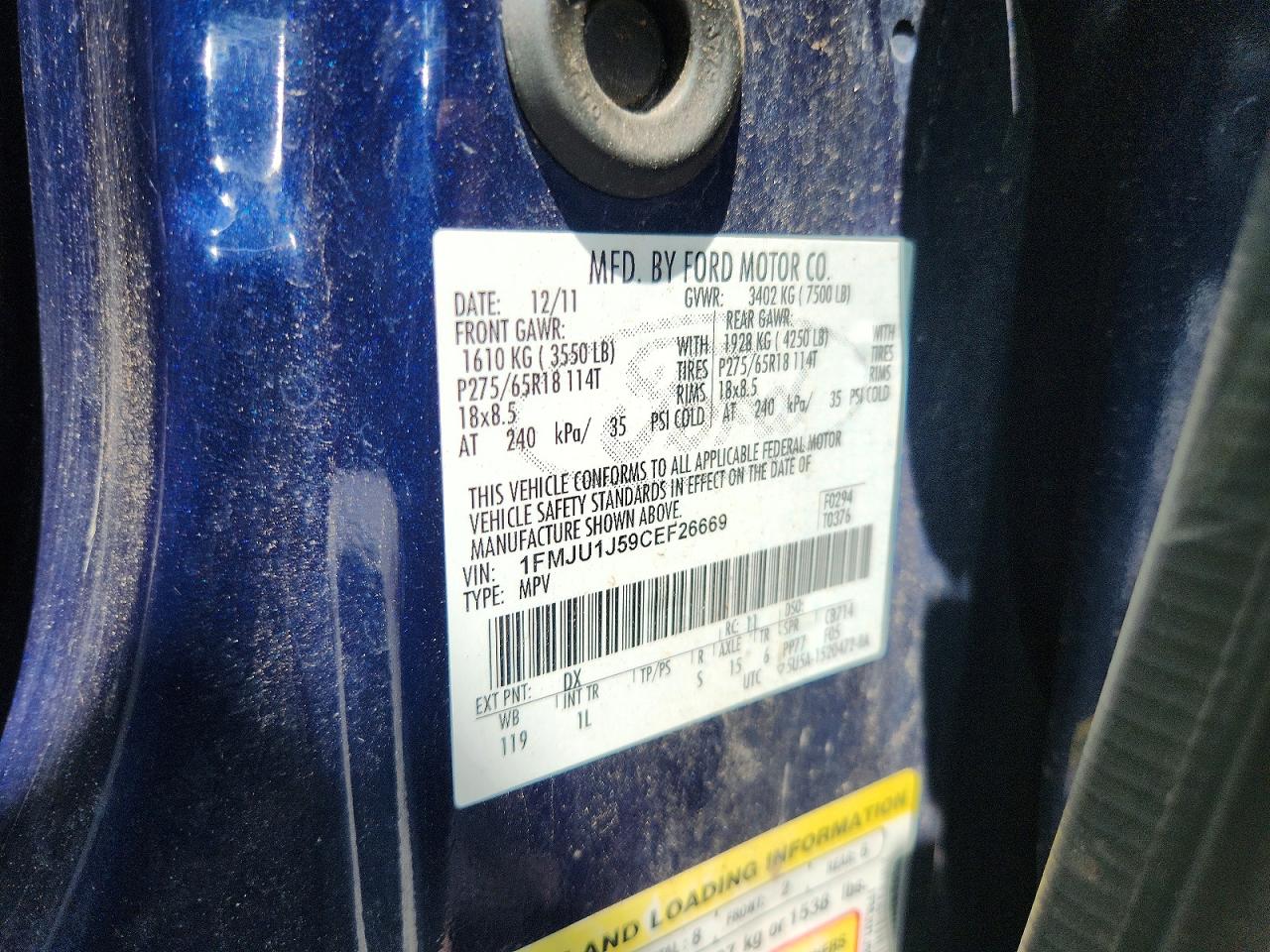 2012 Ford Expedition Xlt Blue vin: 1FMJU1J59CEF26669