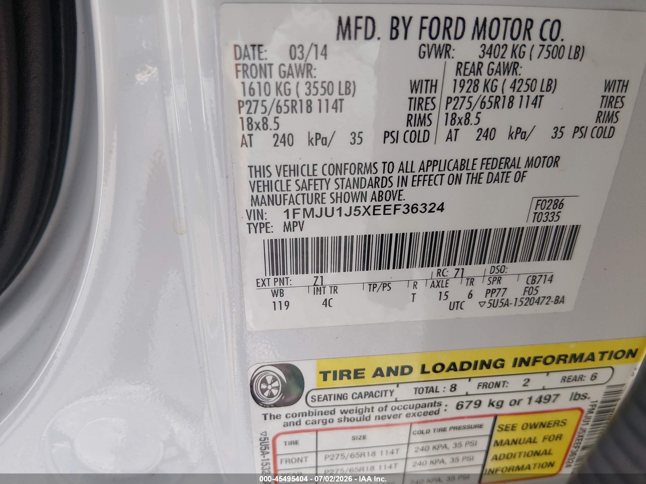 2014 Ford Expedition Xlt White vin: 1FMJU1J5XEEF36324