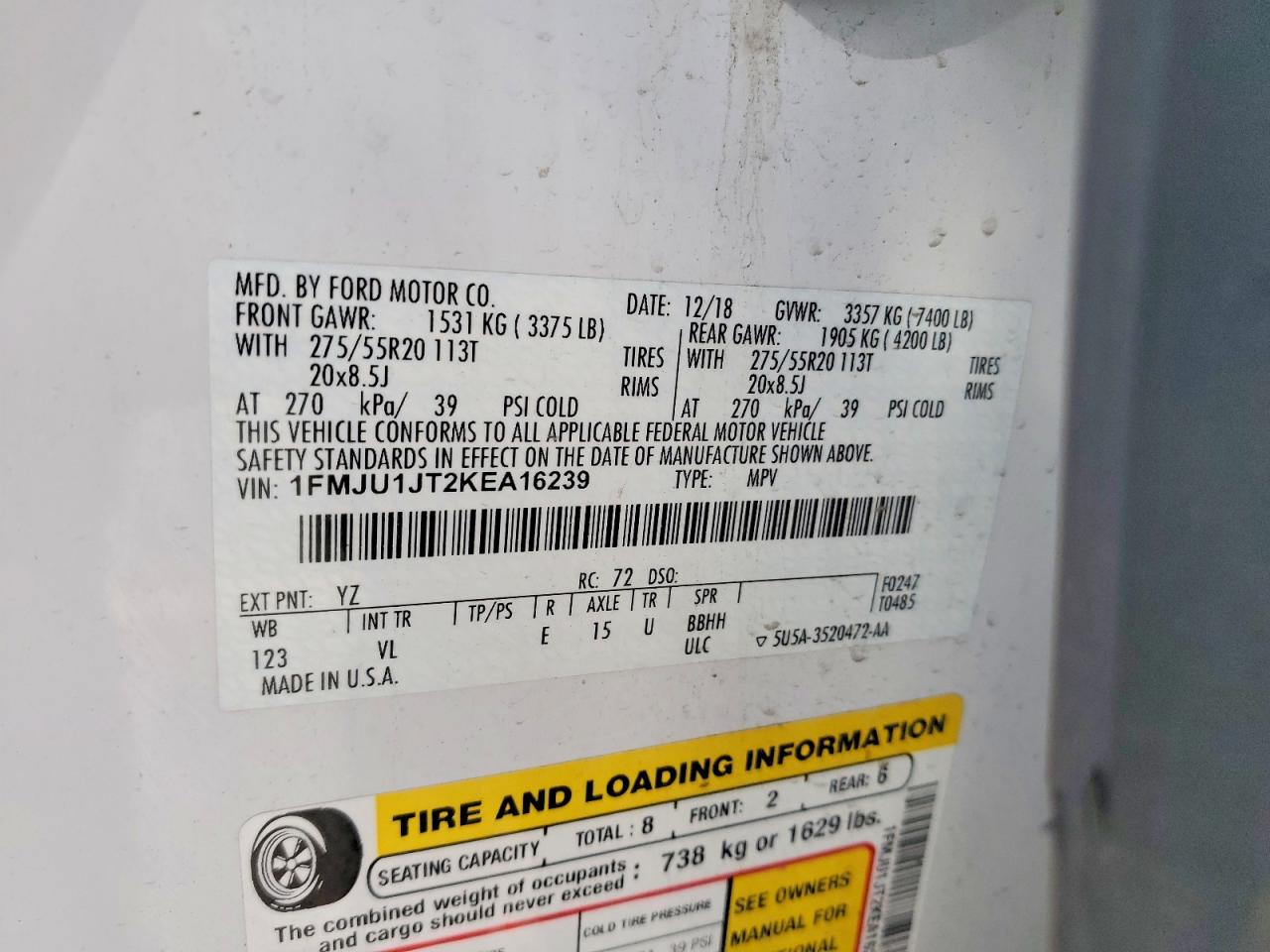 2019 Ford Expedition White vin: 1FMJU1JT2KEA16239