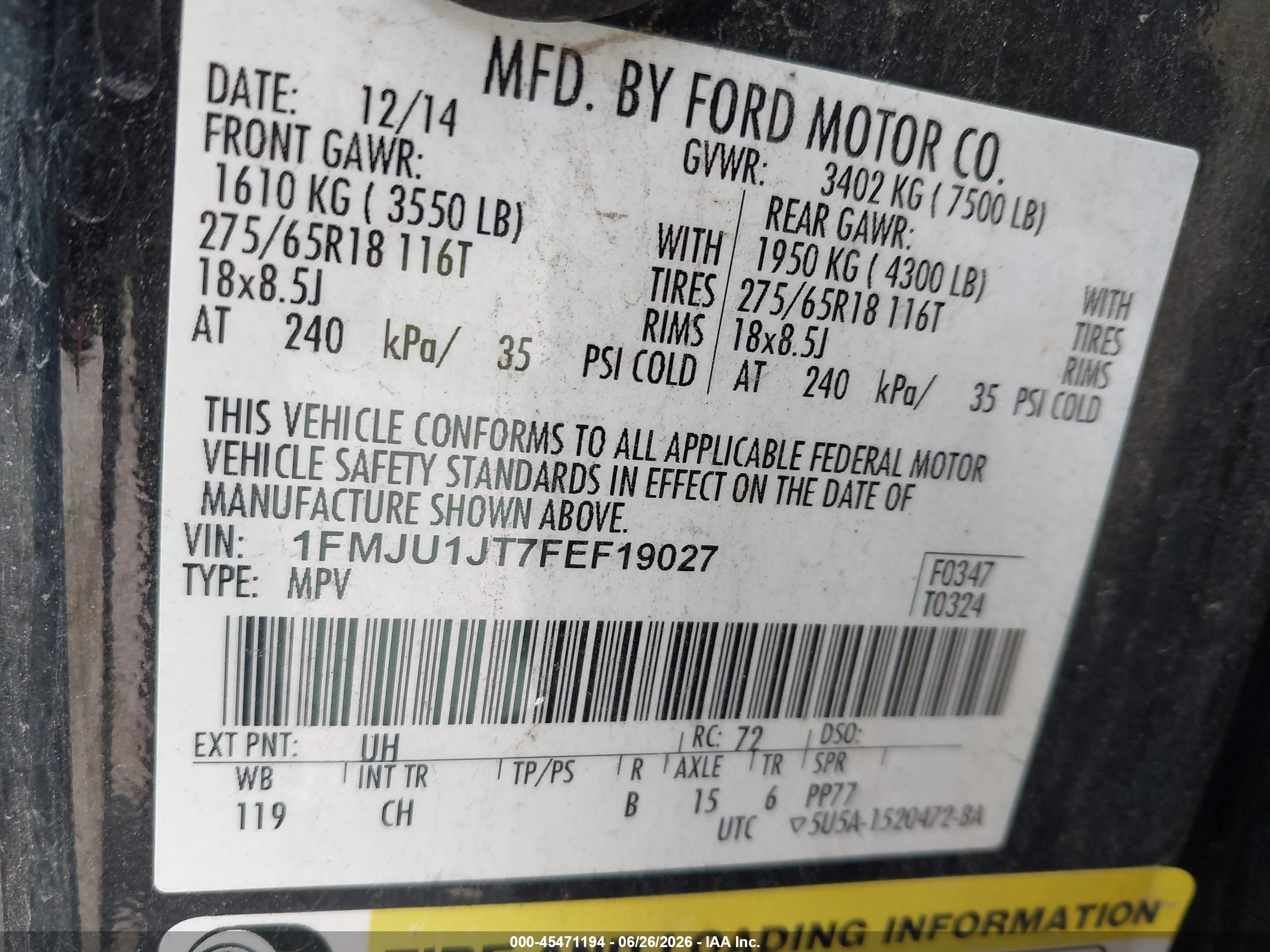 2015 Ford Expedition Xlt Black vin: 1FMJU1JT7FEF19027