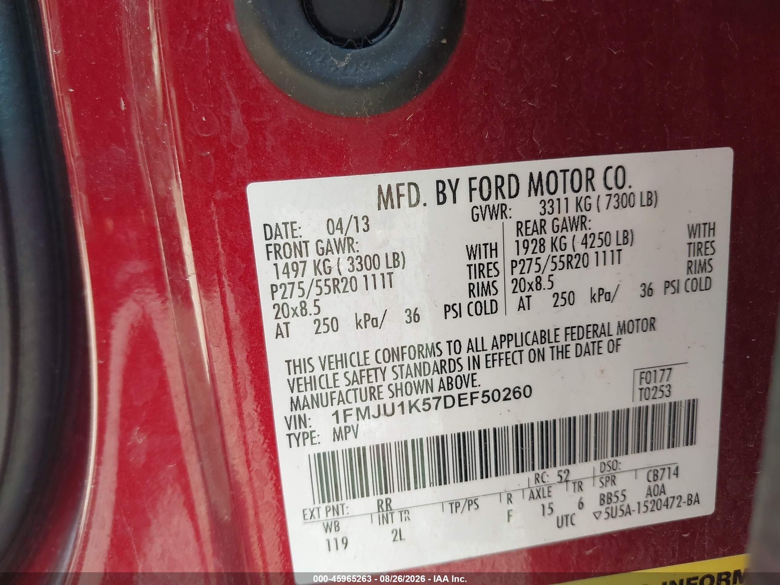 2013 Ford Expedition Limited Red vin: 1FMJU1K57DEF50260