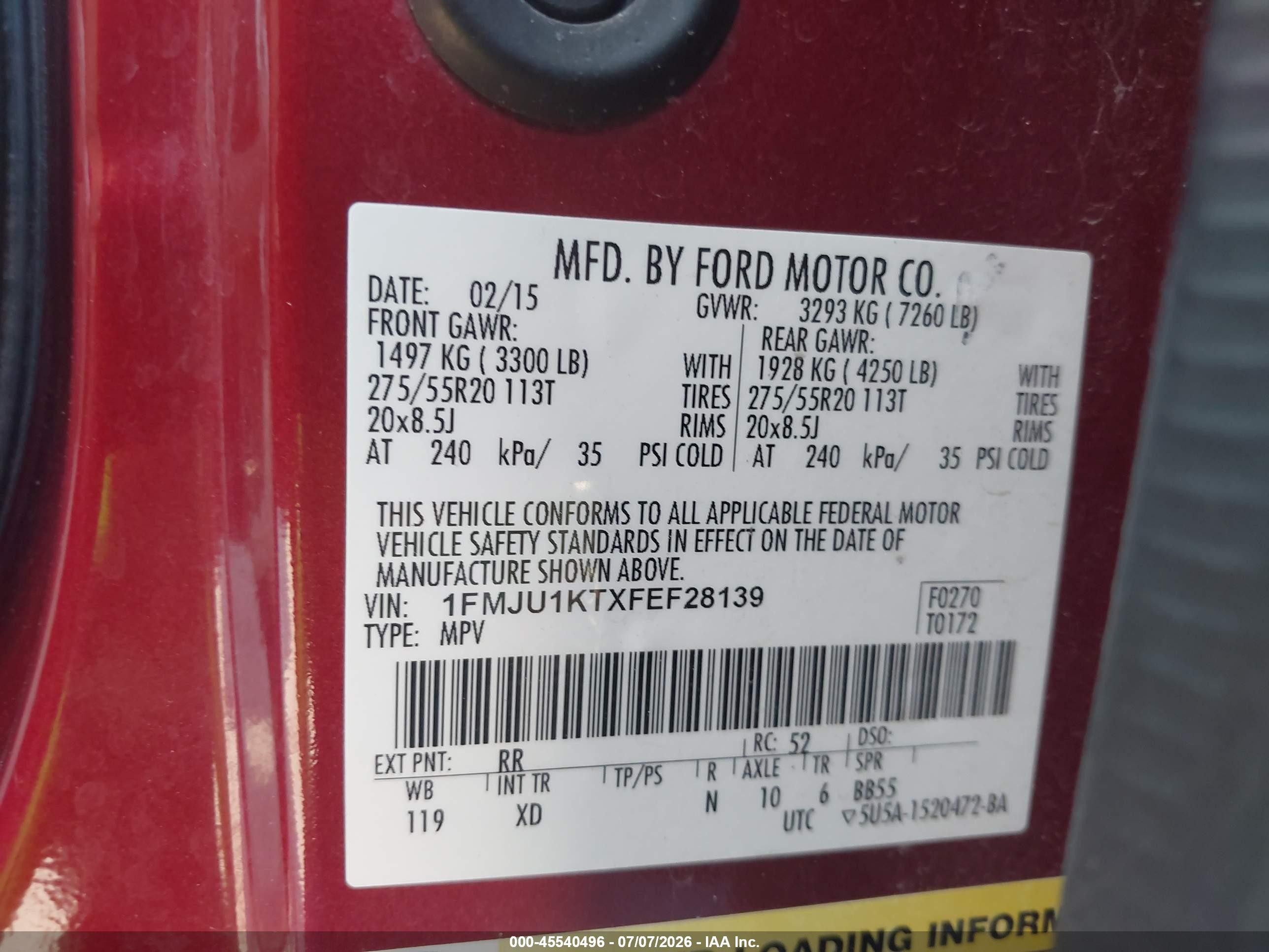 2015 Ford Expedition Limited Red vin: 1FMJU1KTXFEF28139