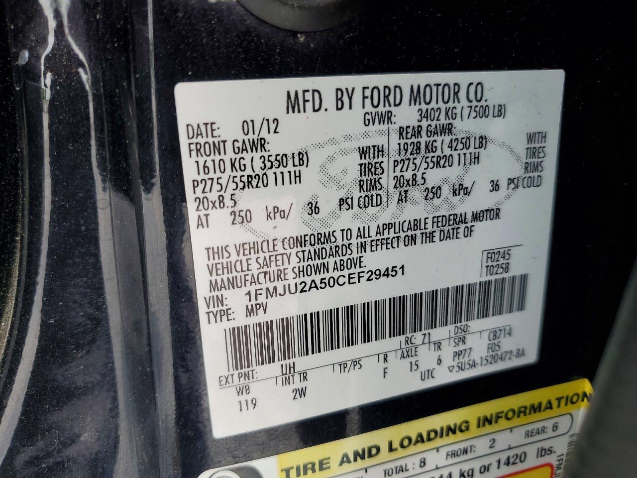 2012 Ford Expedition Limited Charcoal vin: 1FMJU2A50CEF29451