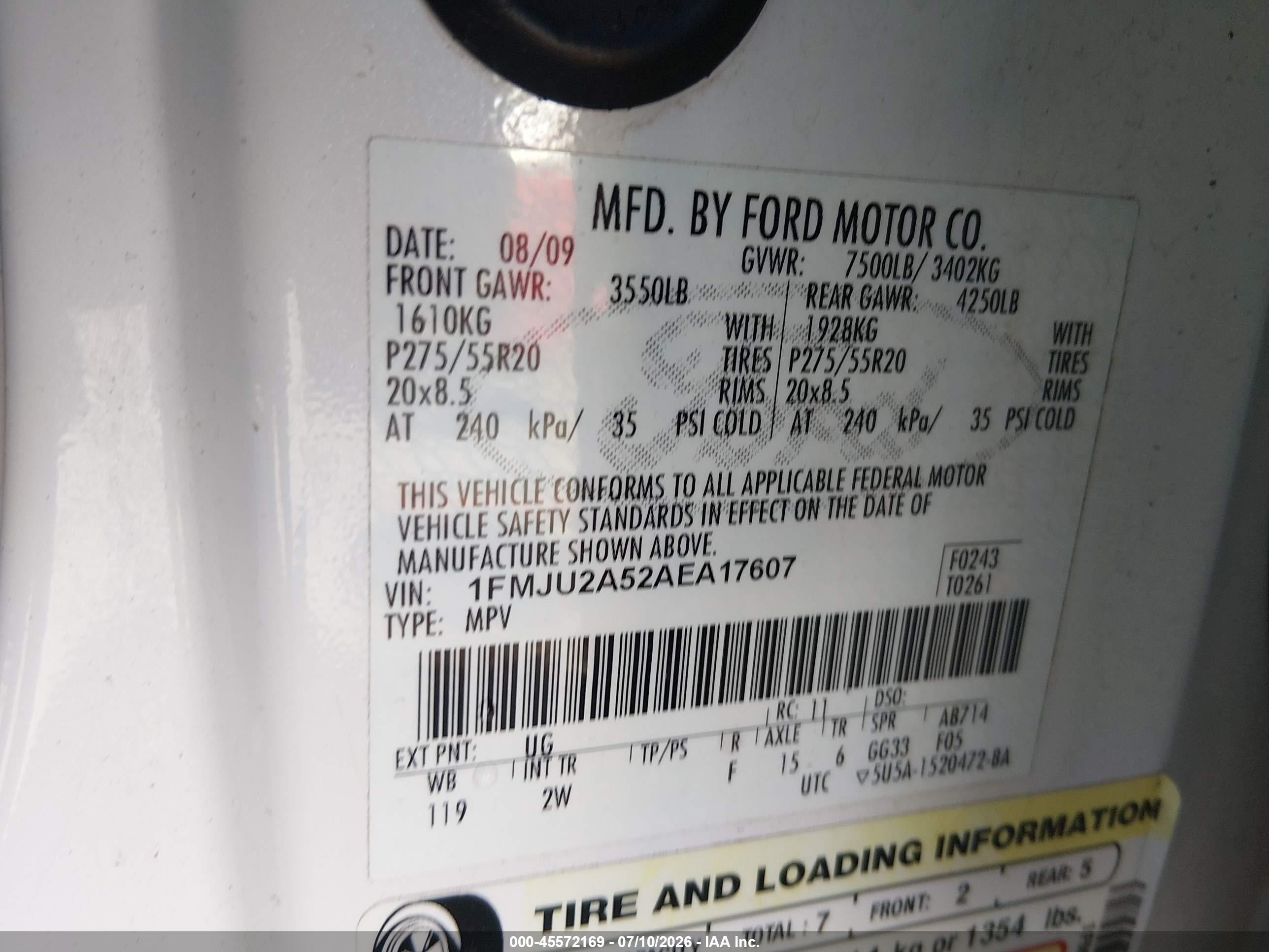 2010 Ford Expedition Limited White vin: 1FMJU2A52AEA17607
