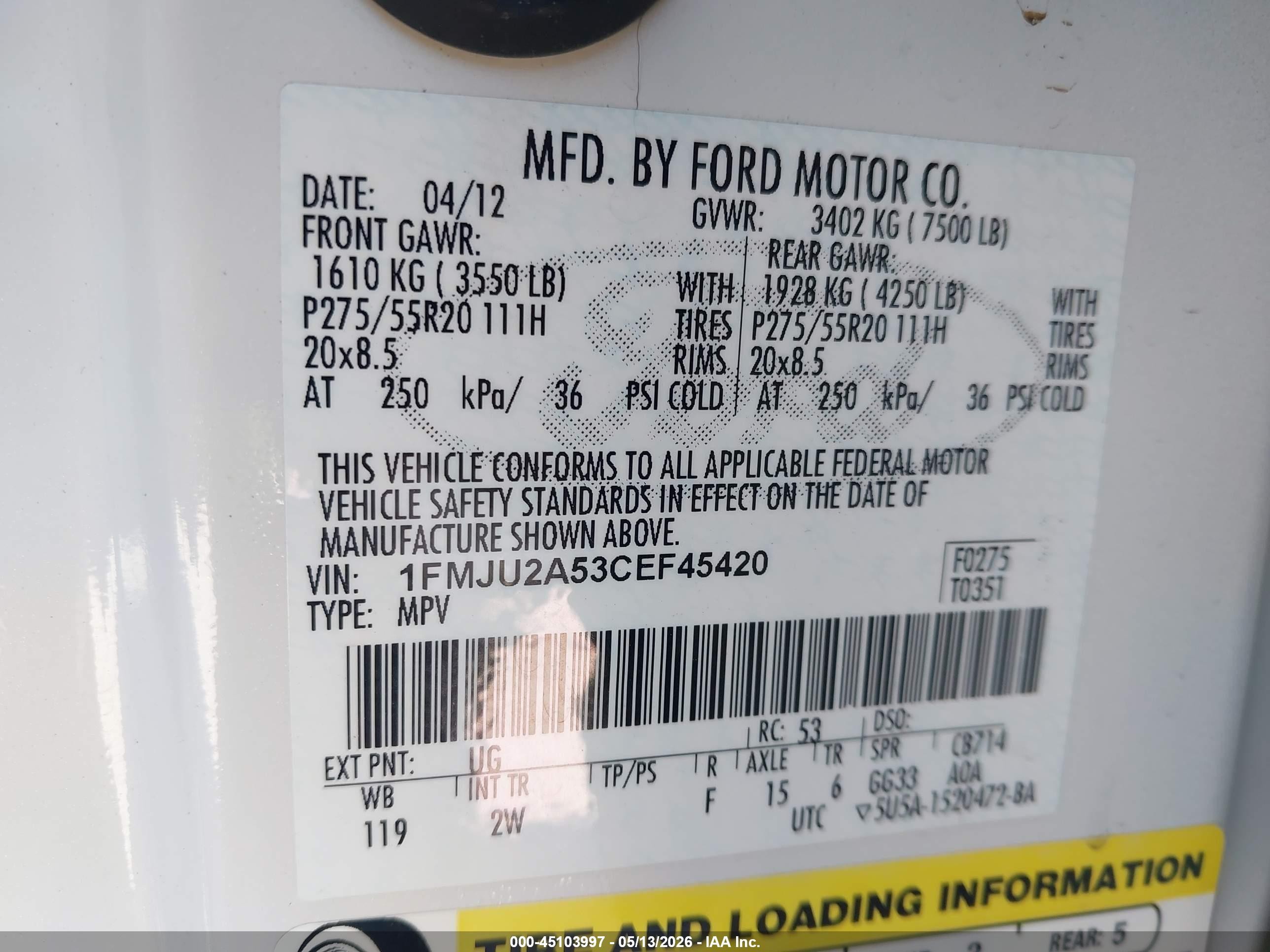 2012 Ford Expedition Limited White vin: 1FMJU2A53CEF45420