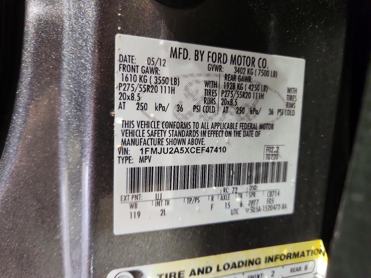 2012 Ford Expedition Limited Gray vin: 1FMJU2A5XCEF47410