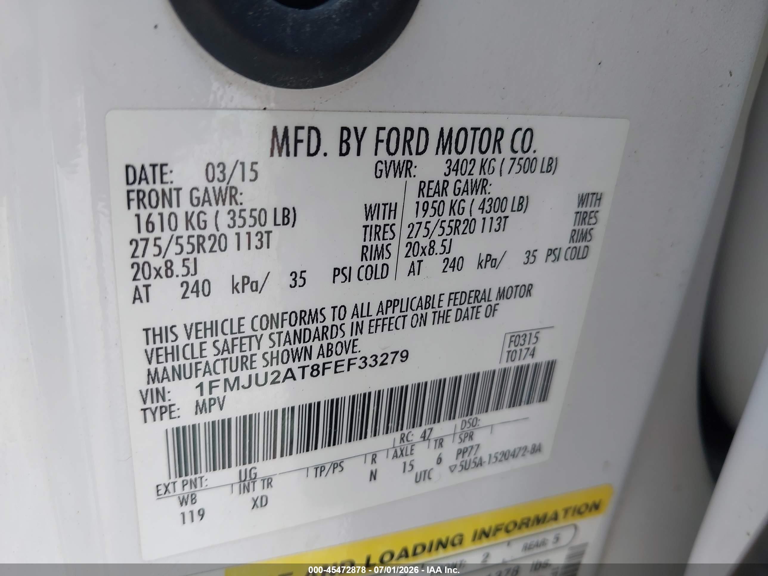 2015 Ford Expedition Limited White vin: 1FMJU2AT8FEF33279
