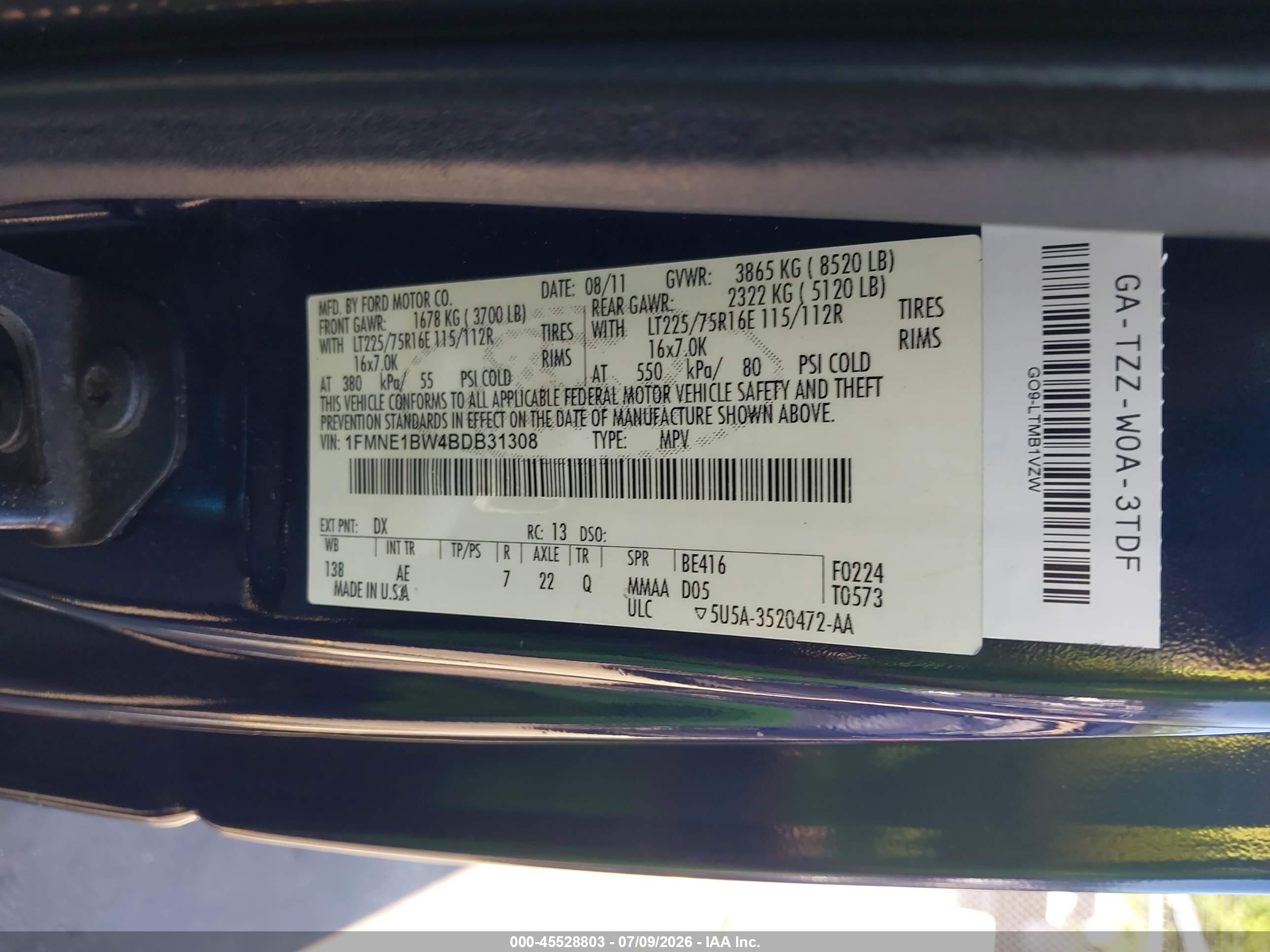 2011 Ford E-150 Xl/xlt Blue vin: 1FMNE1BW4BDB31308