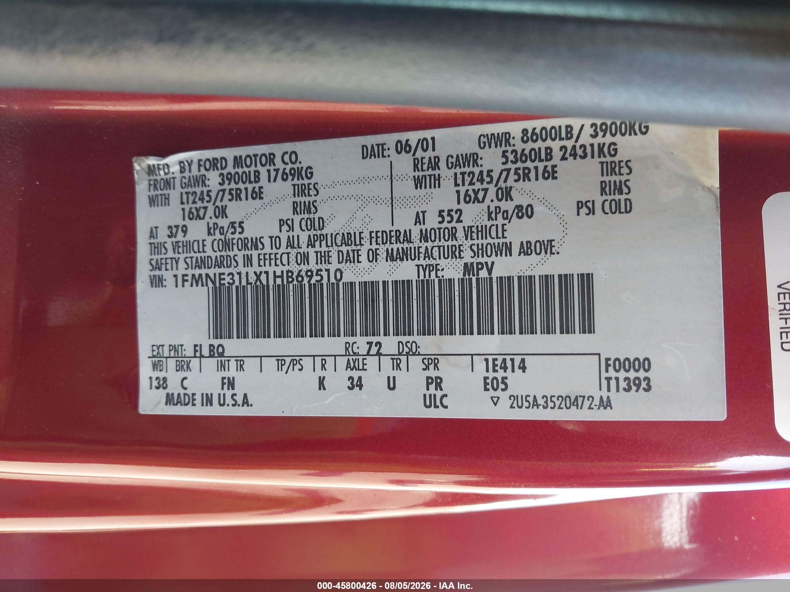 2001 Ford E-350 Super Duty Xl/xlt Red vin: 1FMNE31LX1HB69510
