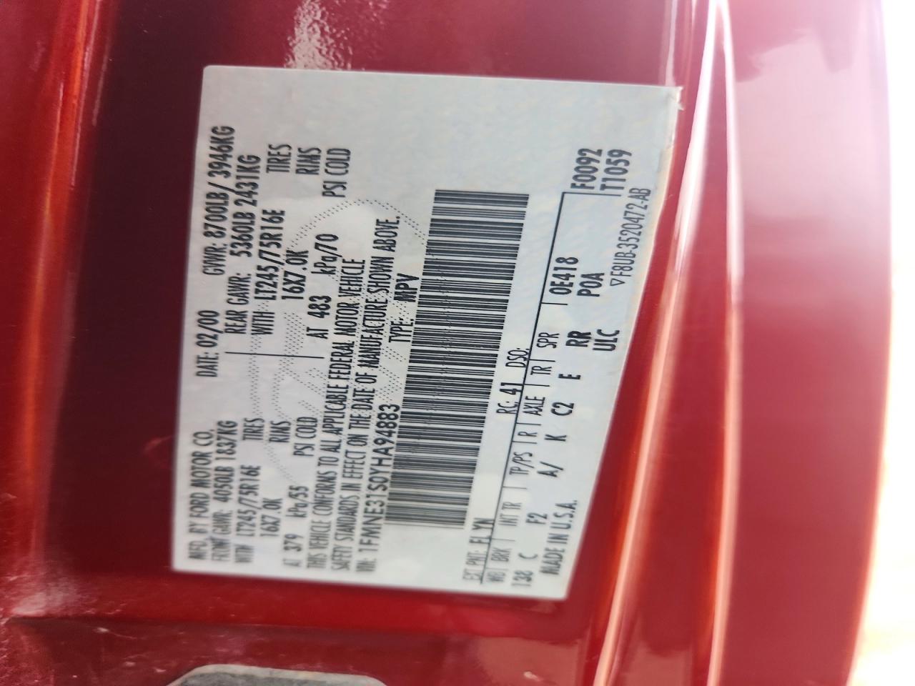 2000 Ford Econoline E350 Super Duty Wagon Red vin: 1FMNE31S0YHA94883