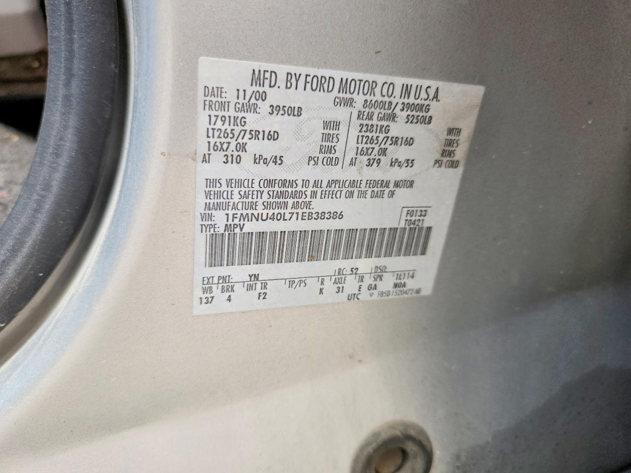 2001 Ford Excursion Xlt Silver vin: 1FMNU40L71EB38386
