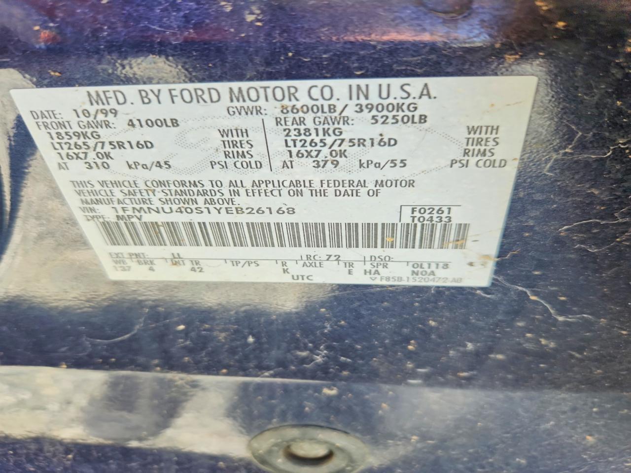 2000 Ford Excursion Xlt Blue vin: 1FMNU40S1YEB26168