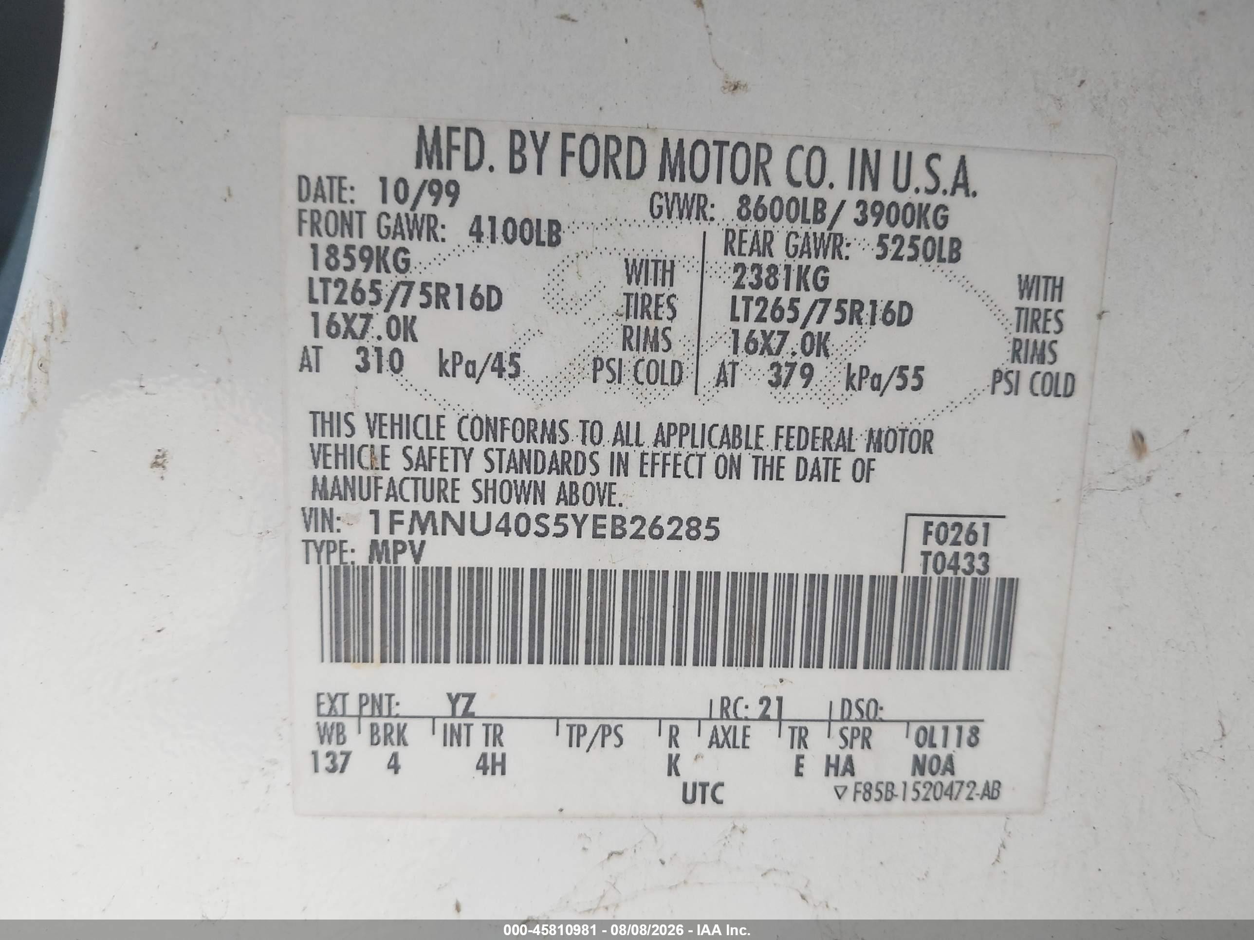 2000 Ford Excursion Xlt White vin: 1FMNU40S5YEB26285