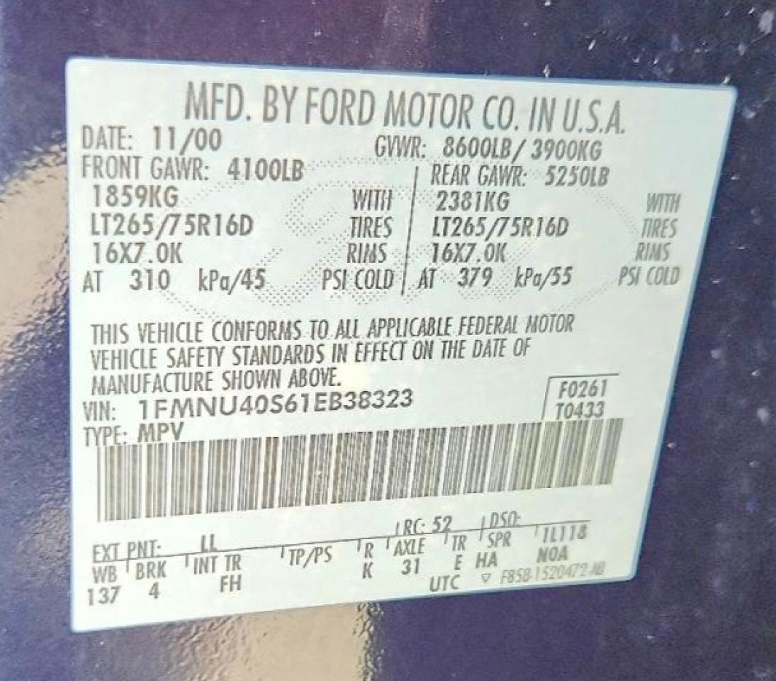 2001 Ford Excursion Xlt Blue vin: 1FMNU40S61EB38323