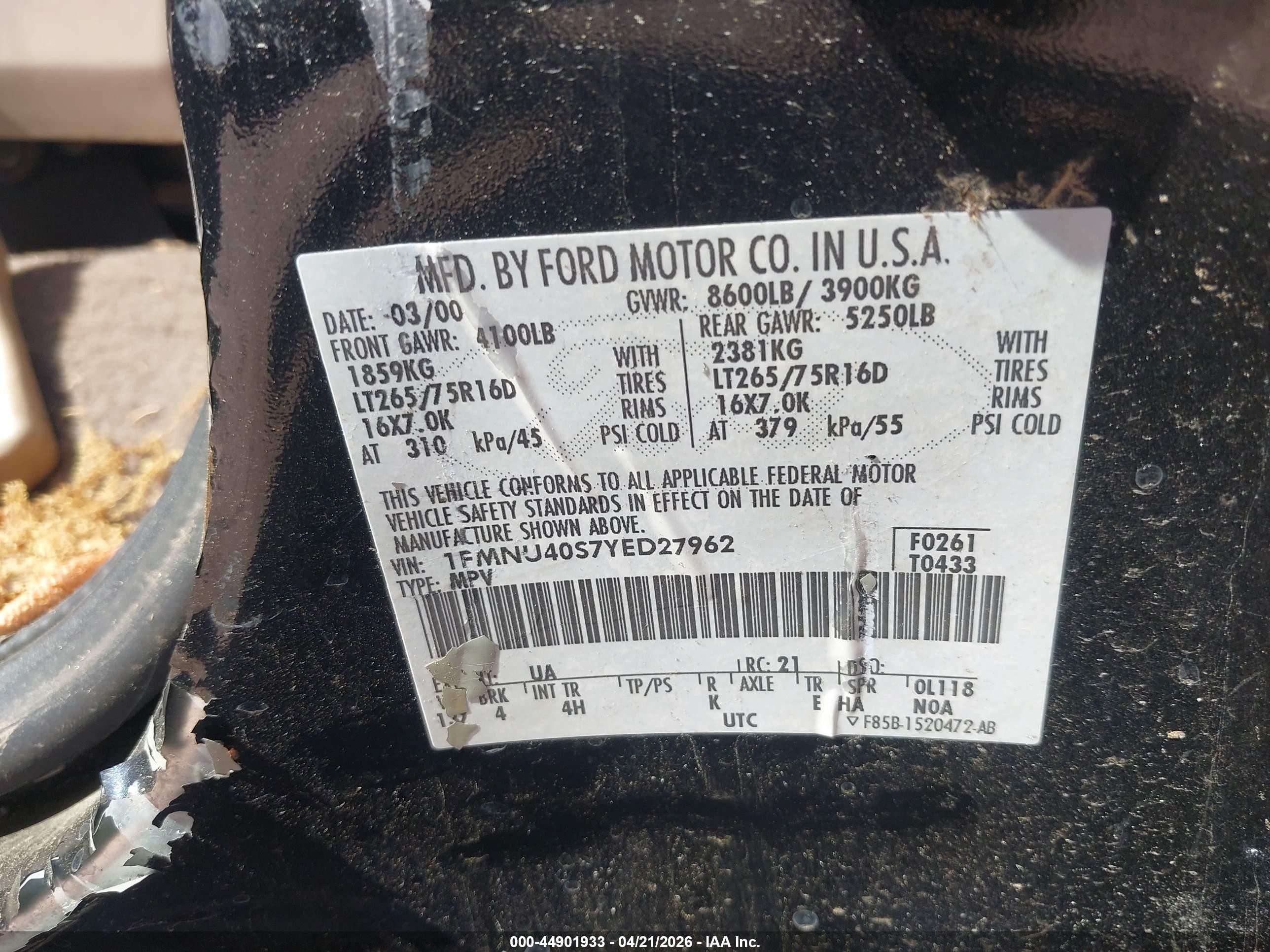 2000 Ford Excursion Xlt Black vin: 1FMNU40S7YED27962