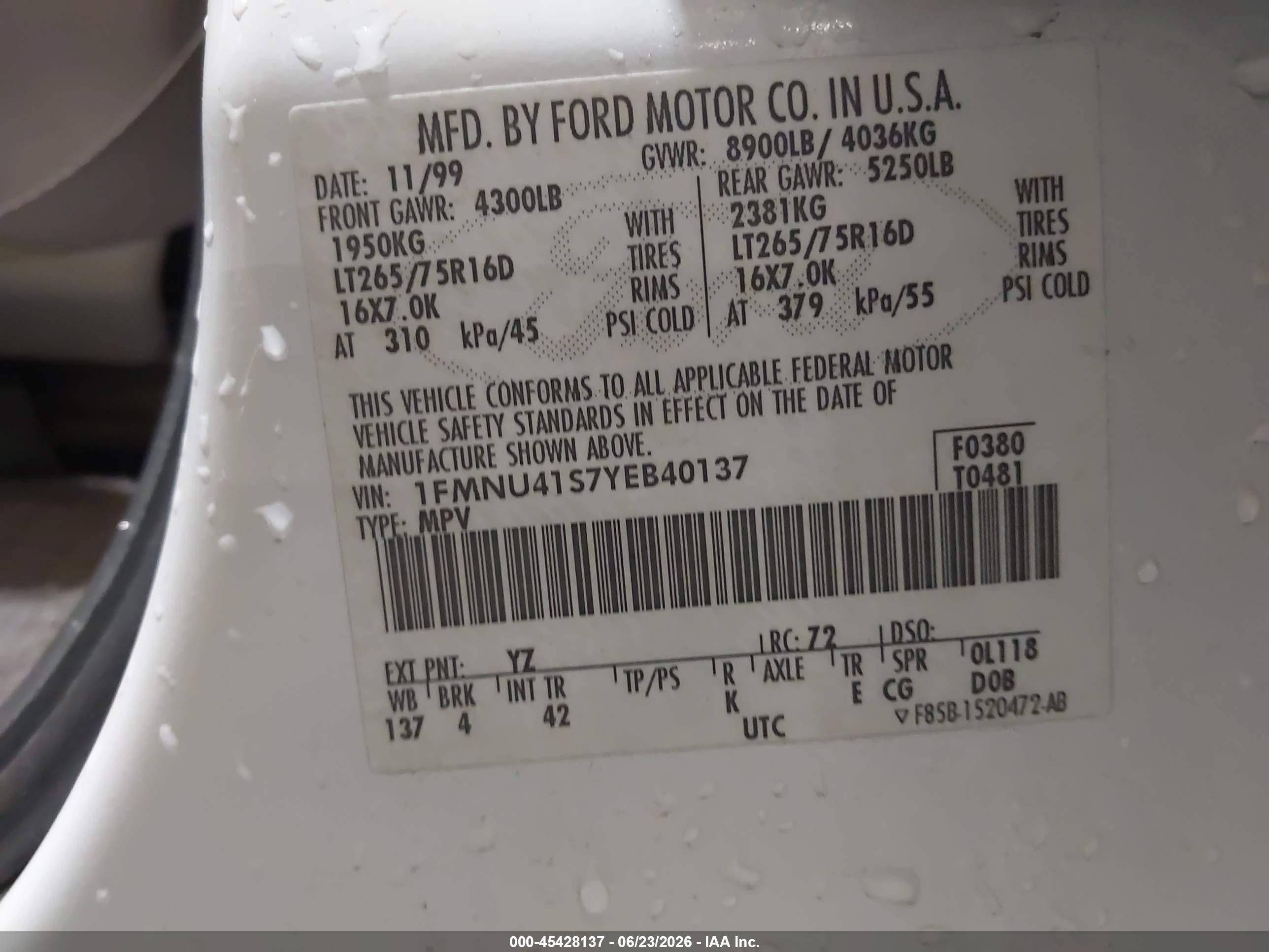 2000 Ford Excursion Xlt White vin: 1FMNU41S7YEB40137