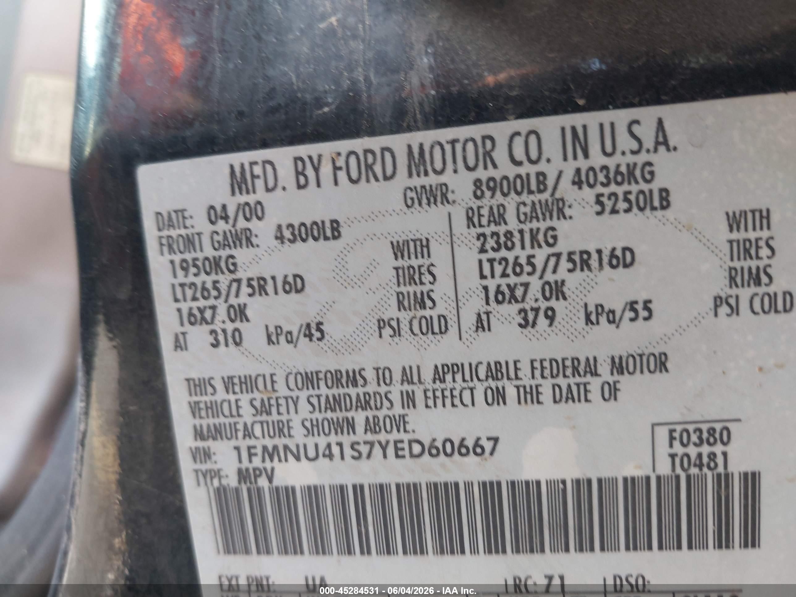 2000 Ford Excursion Xlt Black vin: 1FMNU41S7YED60667