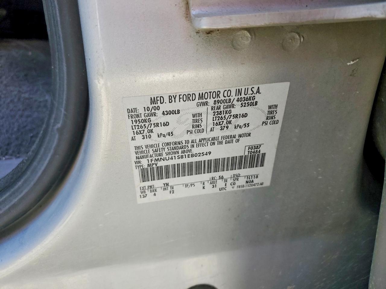 2001 Ford Excursion Xlt Silver vin: 1FMNU41S81EB02549